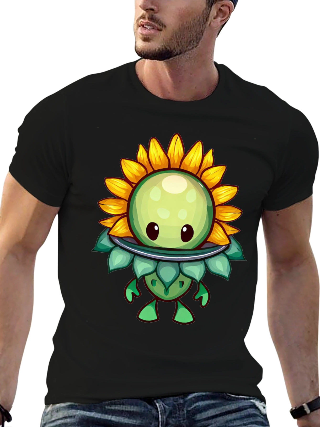 Sunflower Cartoon Graphic Tee - Black
