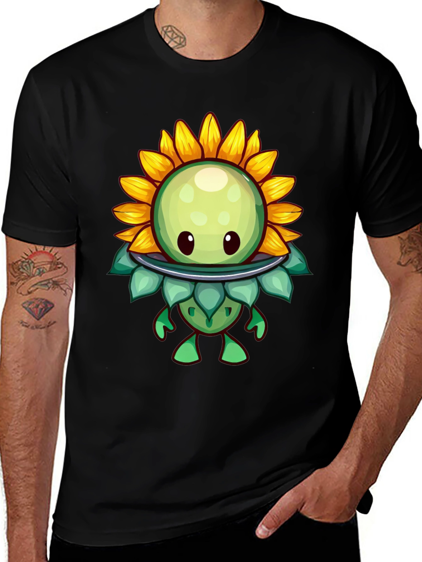 Sunflower Cartoon Graphic Tee - Black