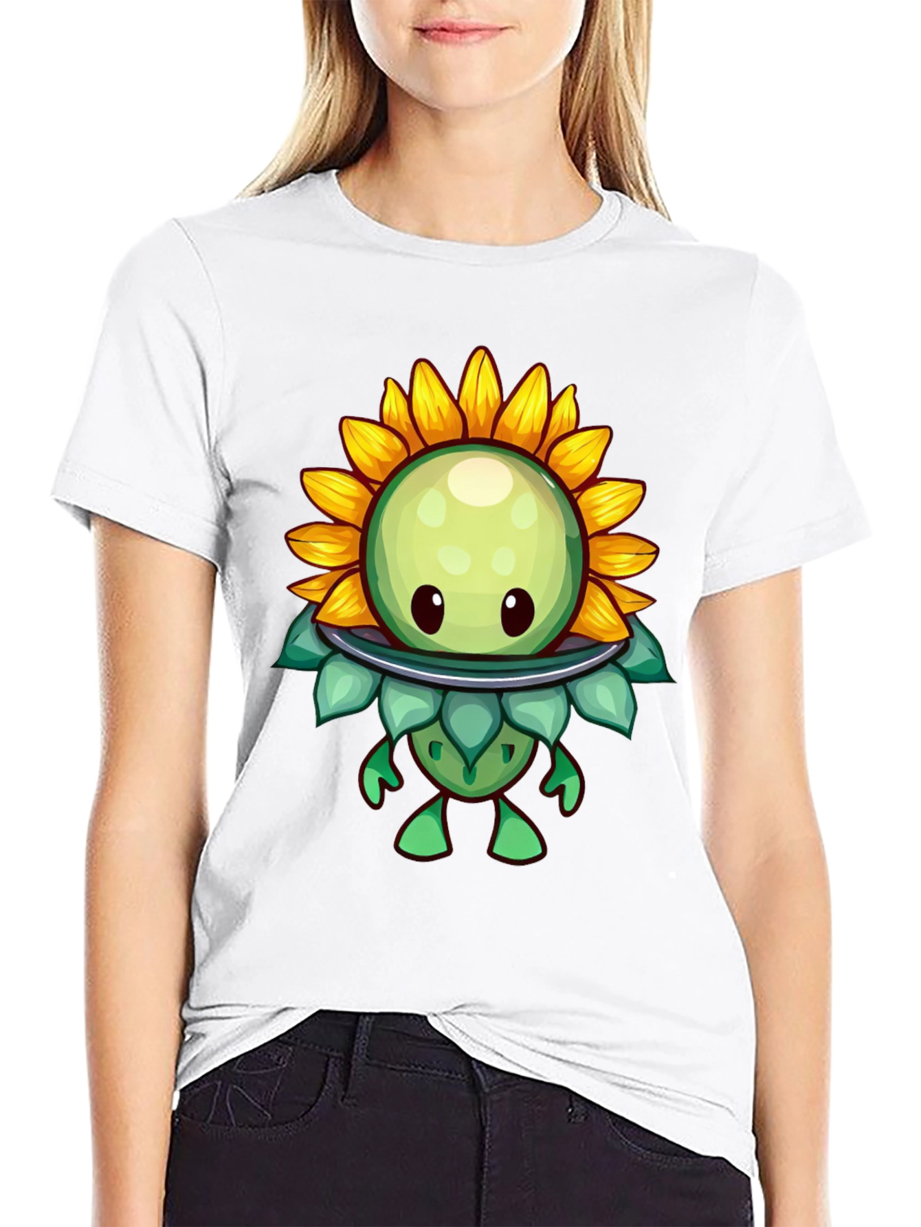 Sunflower Cartoon Graphic Tee - Black