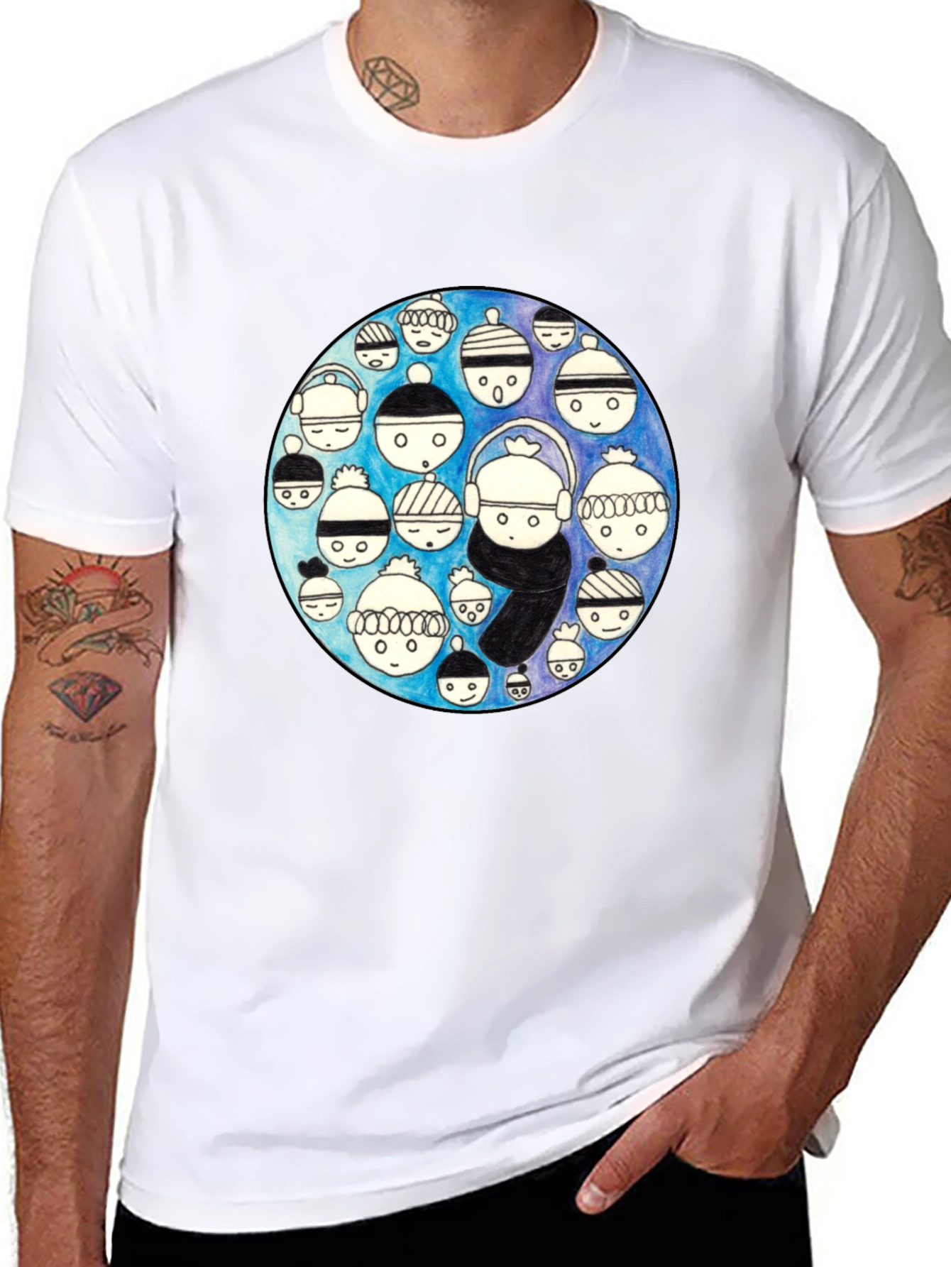 Unique Illustrated Faces Black T-Shirt