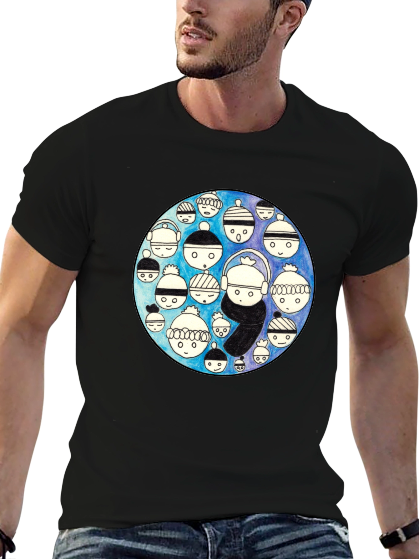 Unique Illustrated Faces Black T-Shirt