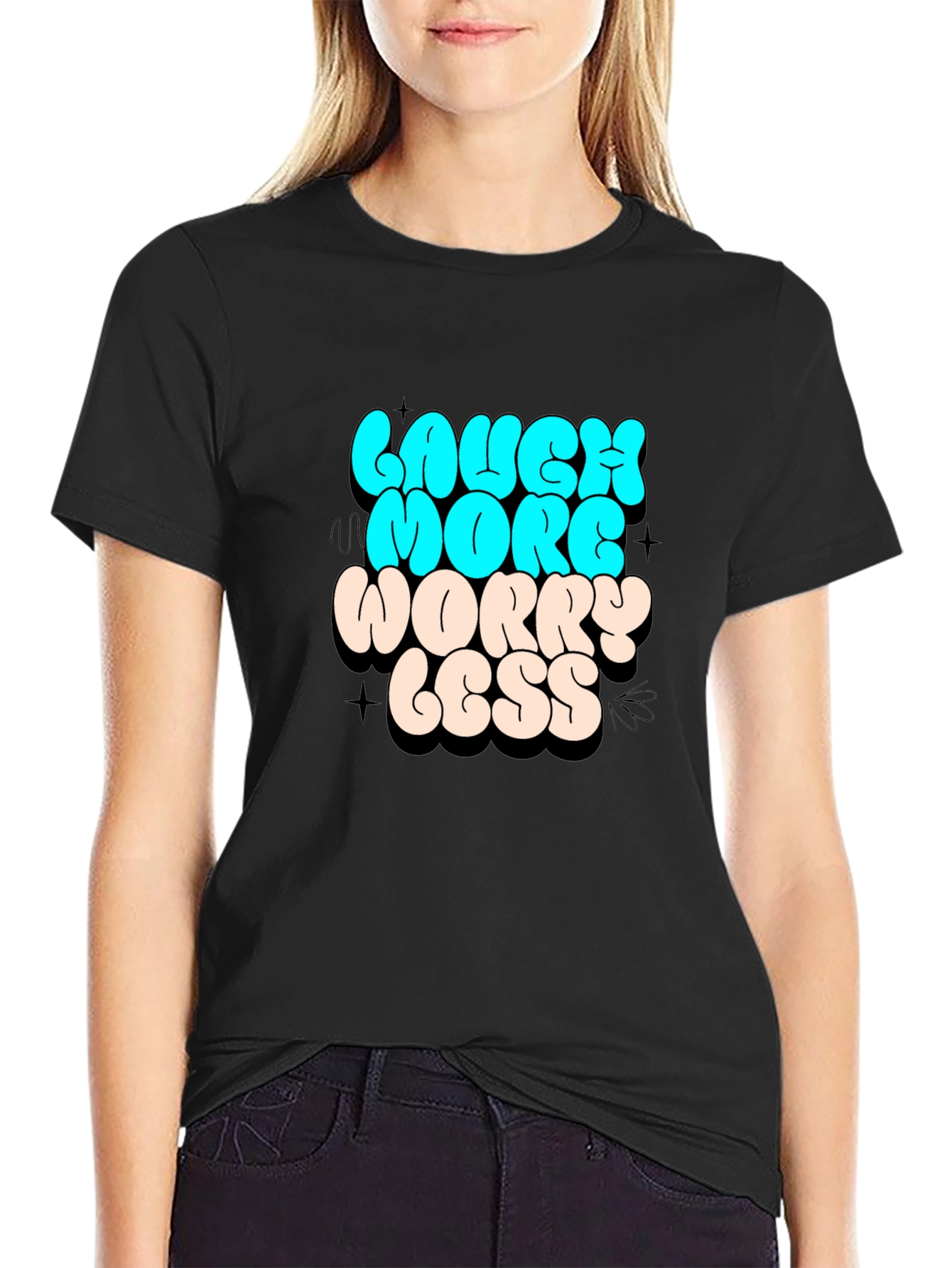 Laugh More Worry Less Graphic Black T-Shirt