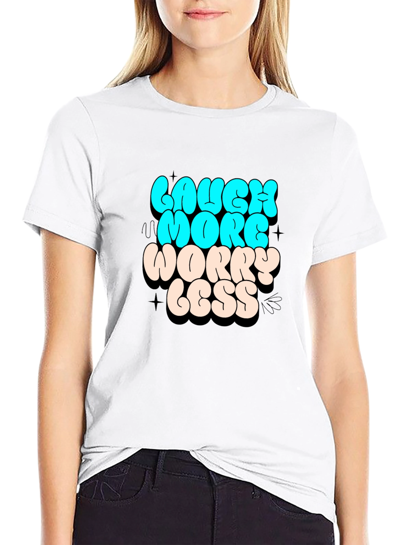 Laugh More Worry Less Graphic Black T-Shirt