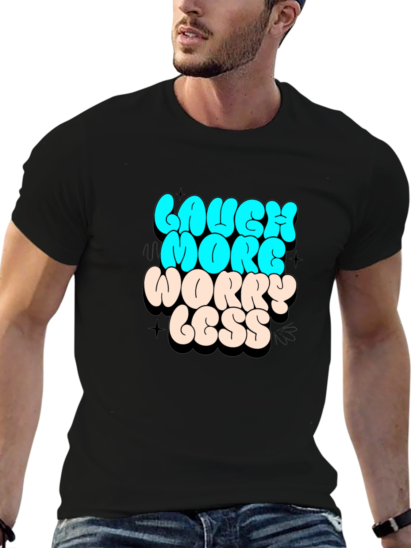 Laugh More Worry Less Graphic Black T-Shirt
