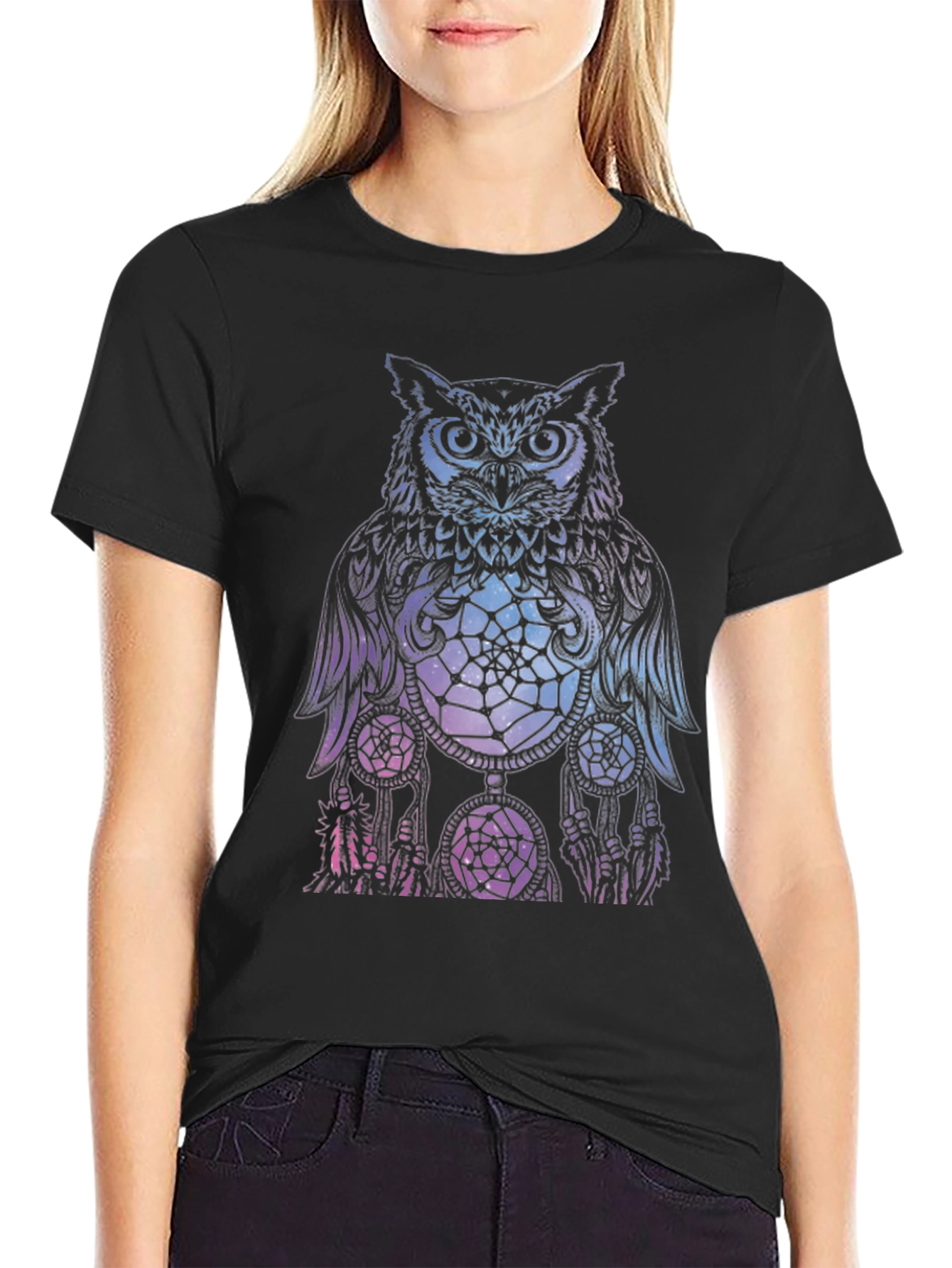Owl Dreamcatcher Graphic Tee - Black Cotton T-Shirt