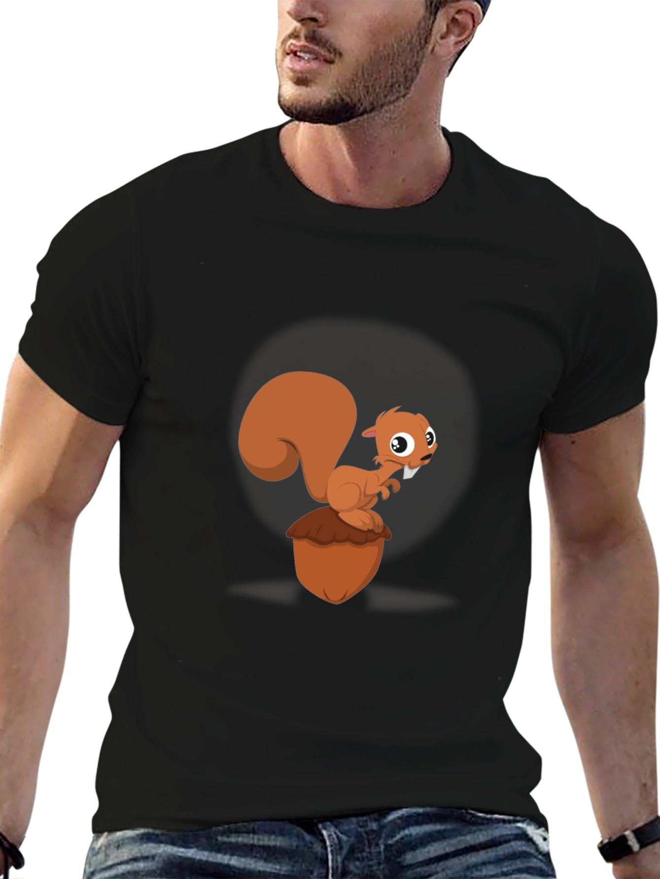 Cartoon Squirrel & Acorn Black T-Shirt