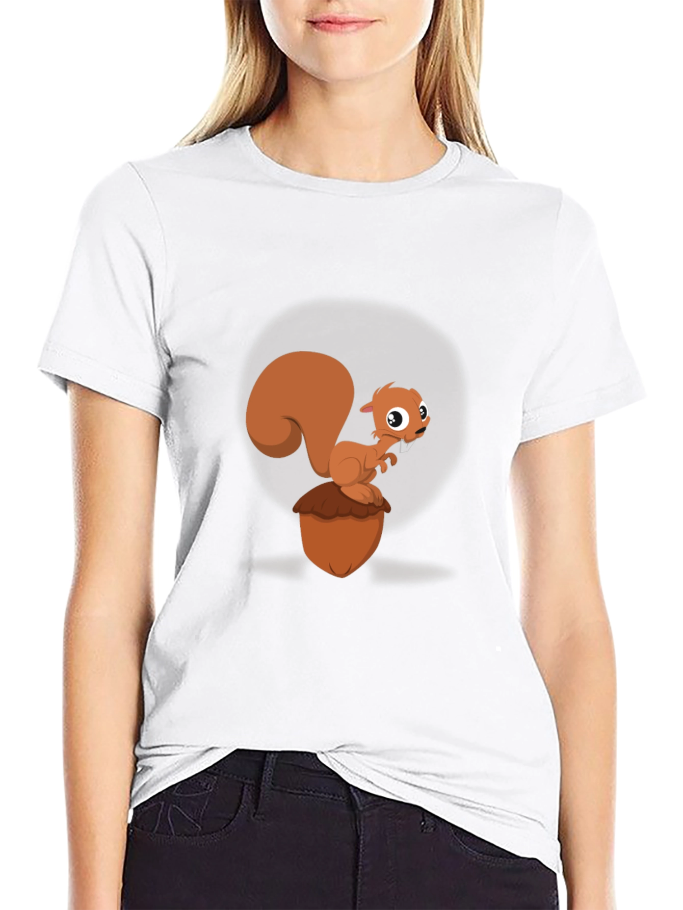 Cartoon Squirrel & Acorn Black T-Shirt