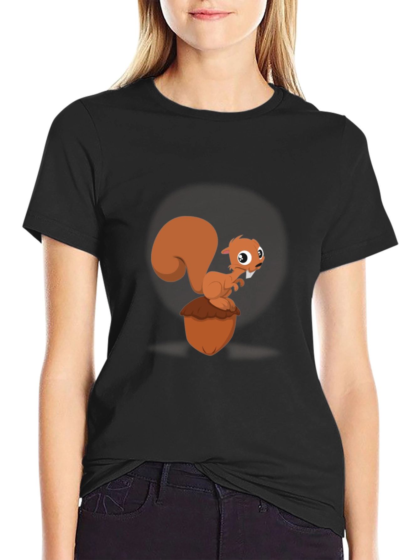 Cartoon Squirrel & Acorn Black T-Shirt
