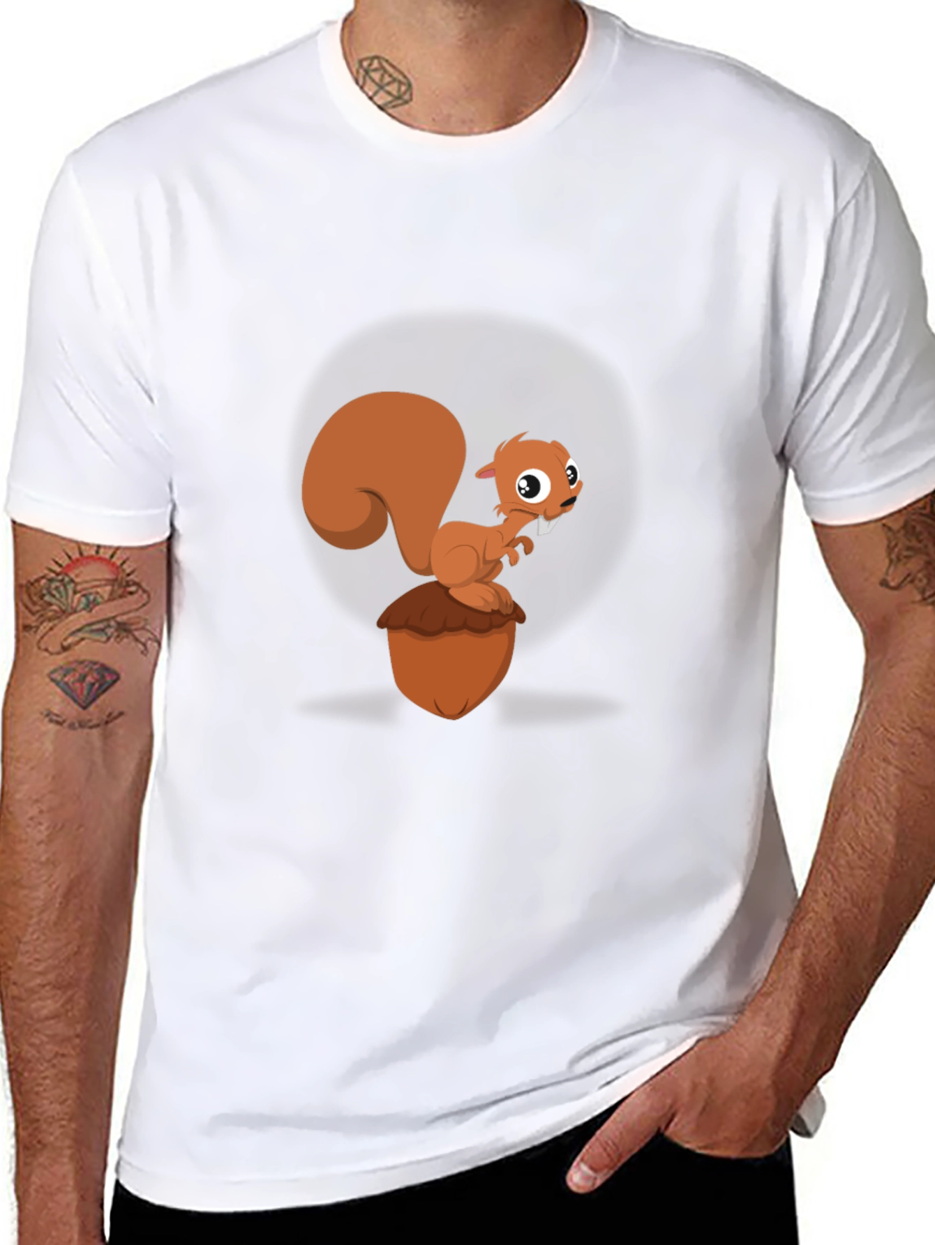Cartoon Squirrel & Acorn Black T-Shirt