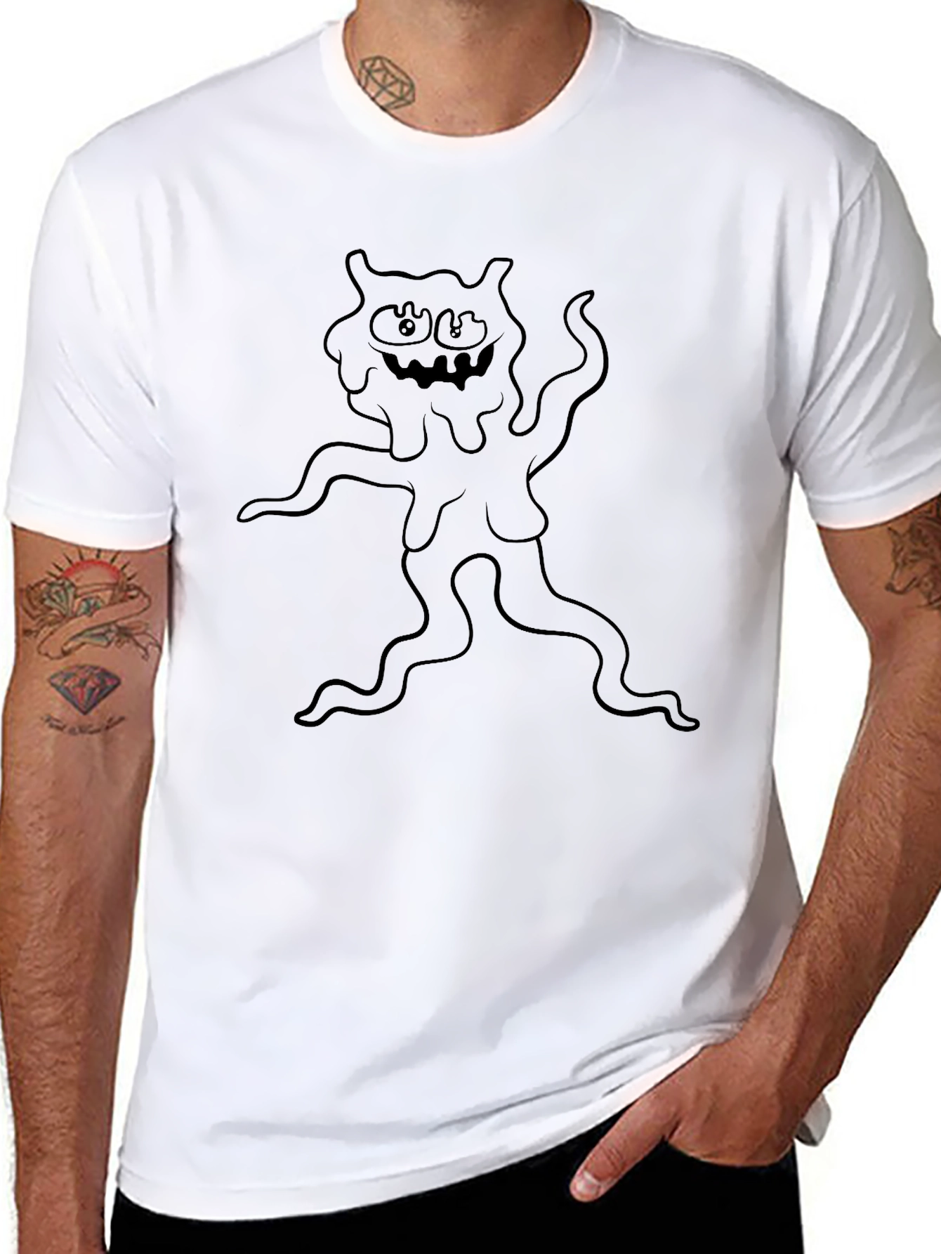Mens Black Graphic Tee - Cartoon Monster Design