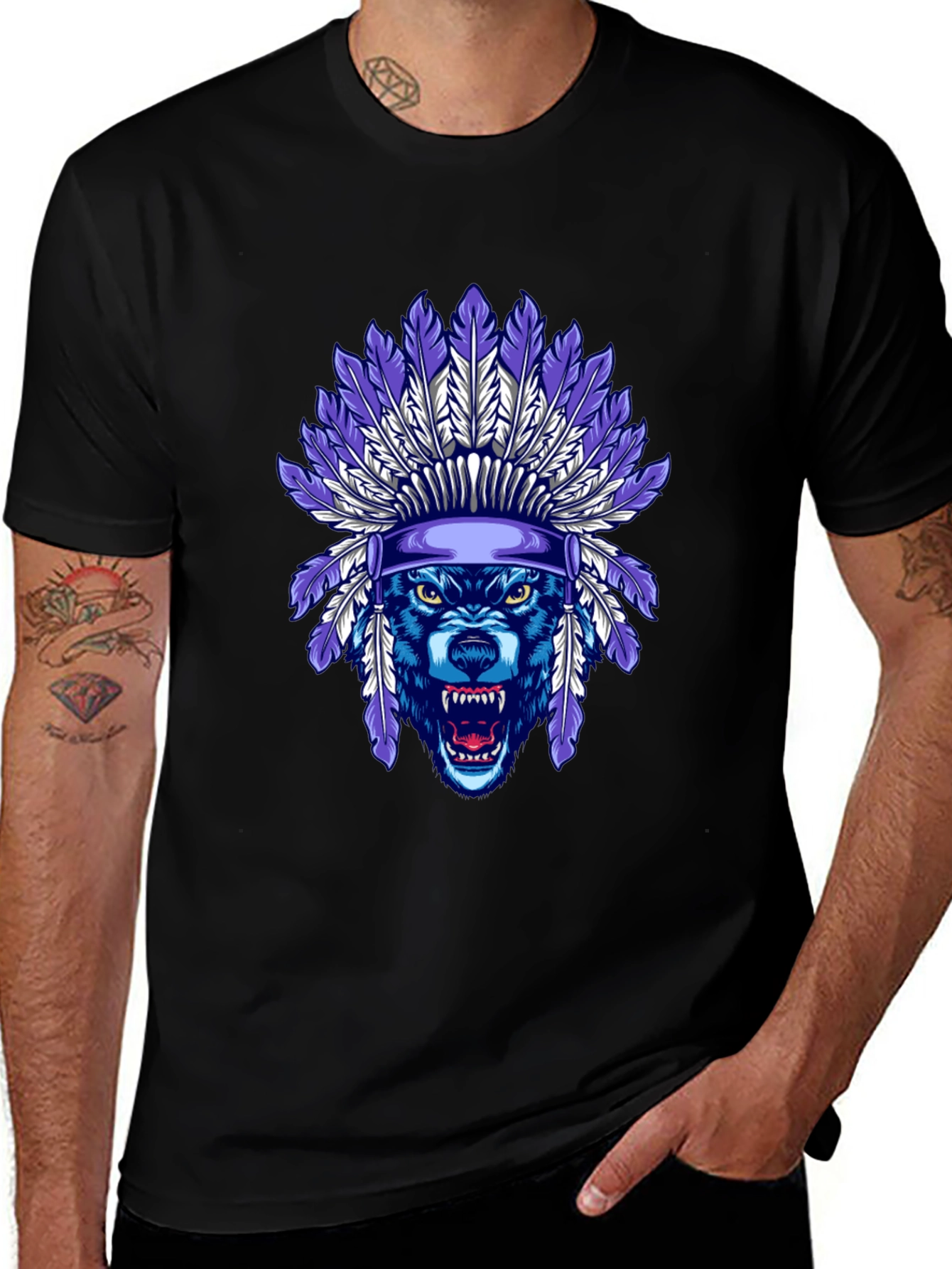 Wolf Headdress Graphic Tee - Cool Tribal Style