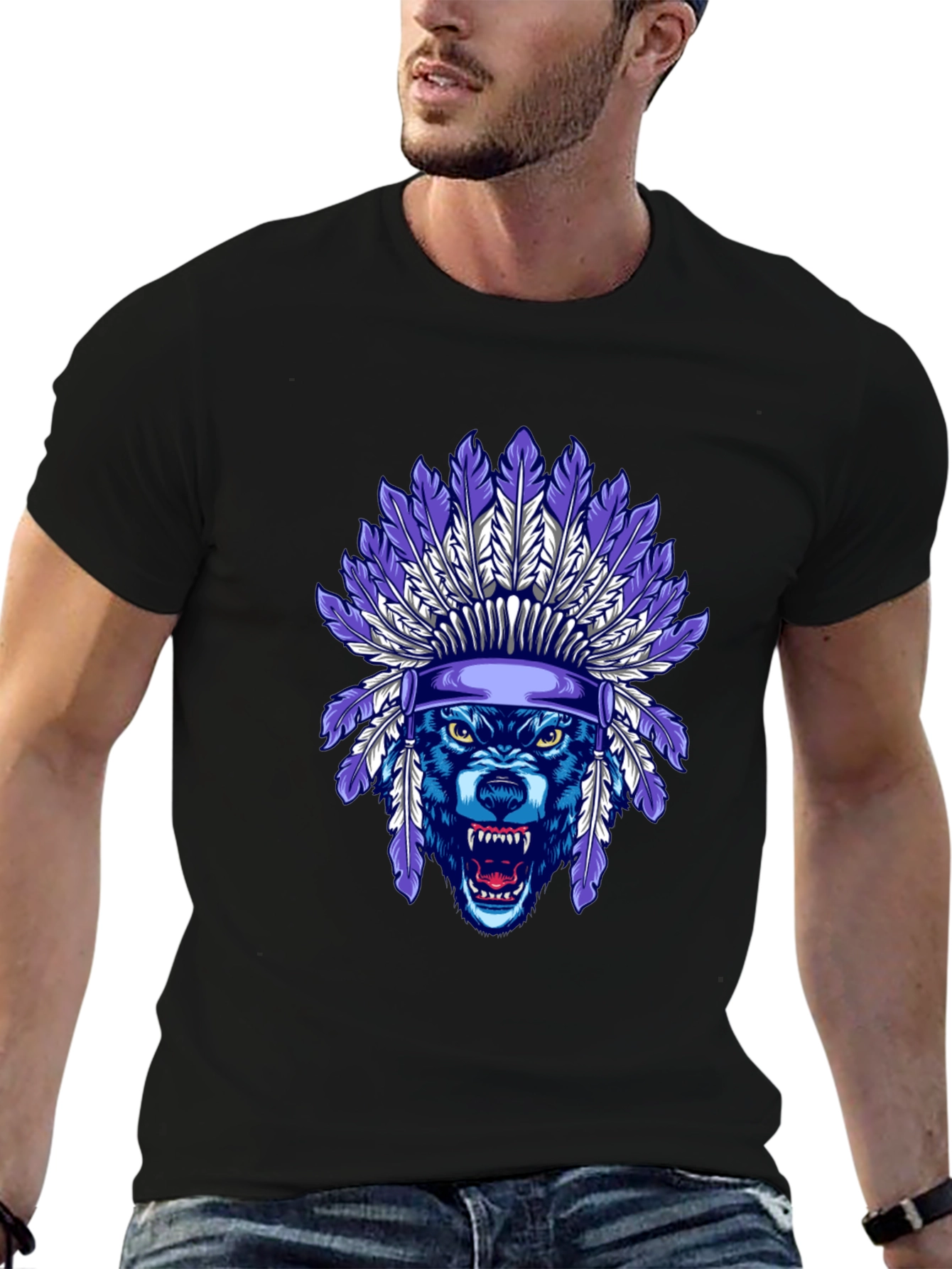 Wolf Headdress Graphic Tee - Cool Tribal Style