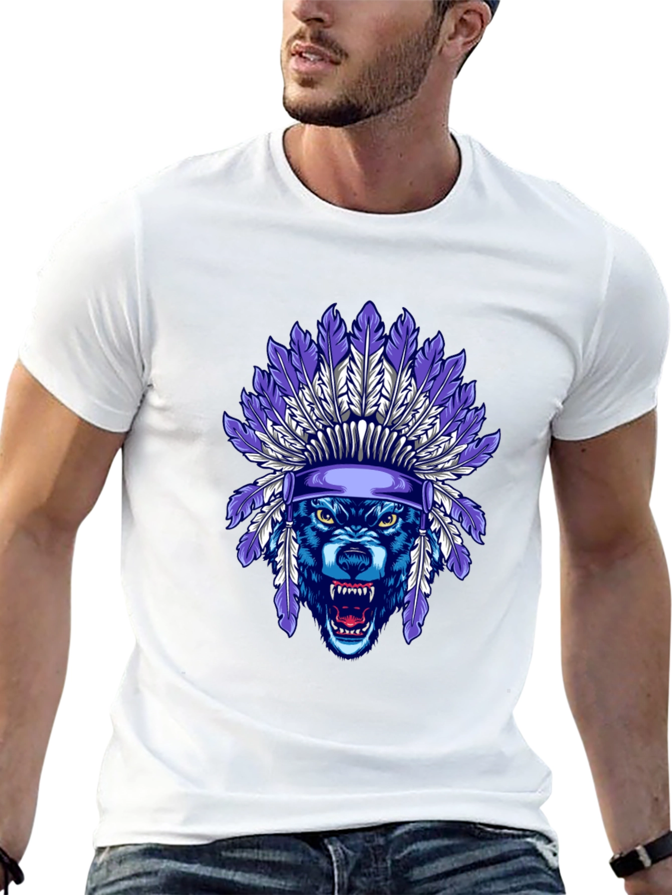 Wolf Headdress Graphic Tee - Cool Tribal Style