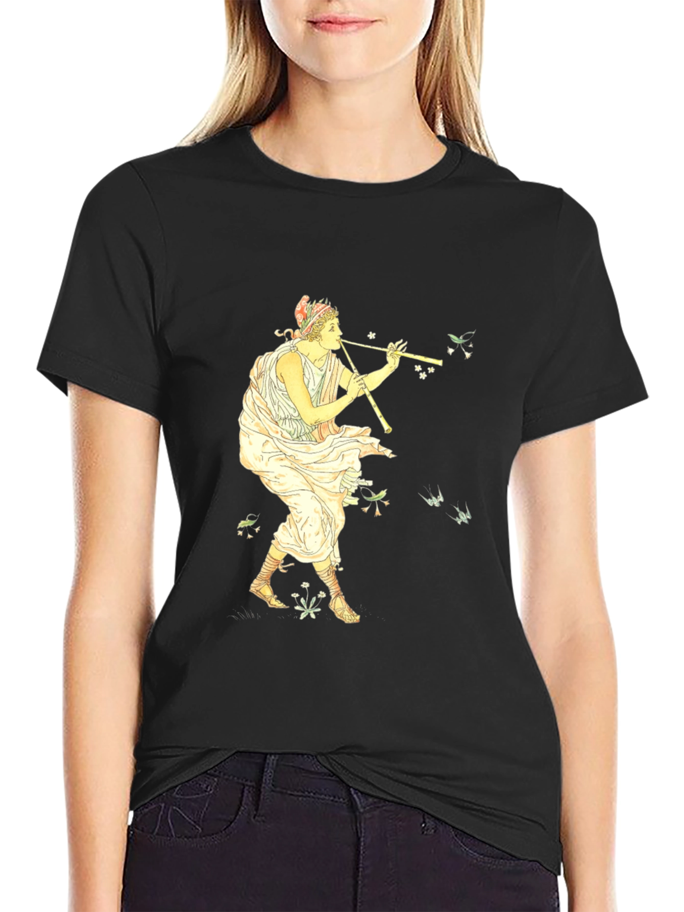 Greek Flute Player Black T-Shirt