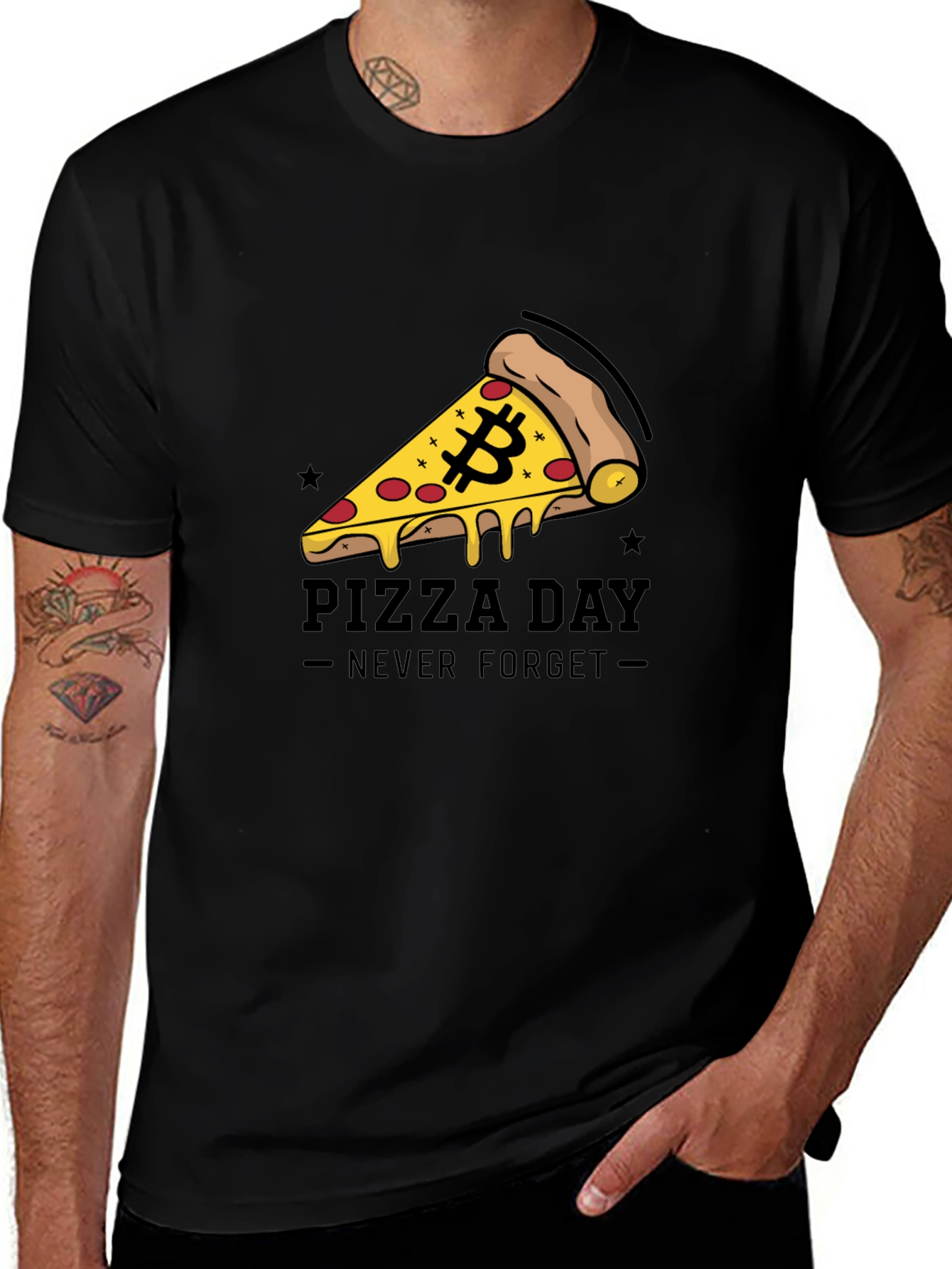 Bitcoin Pizza Day Black T-Shirt - Never Forget