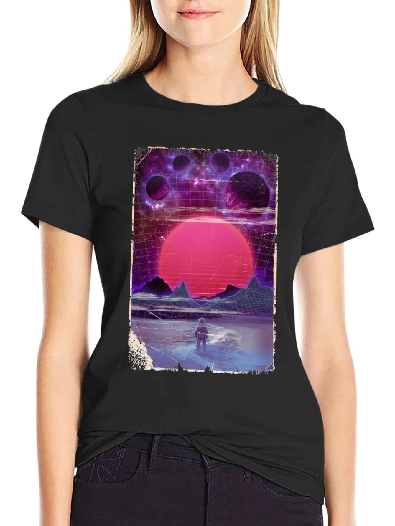 Retro Space Print Black T-Shirt