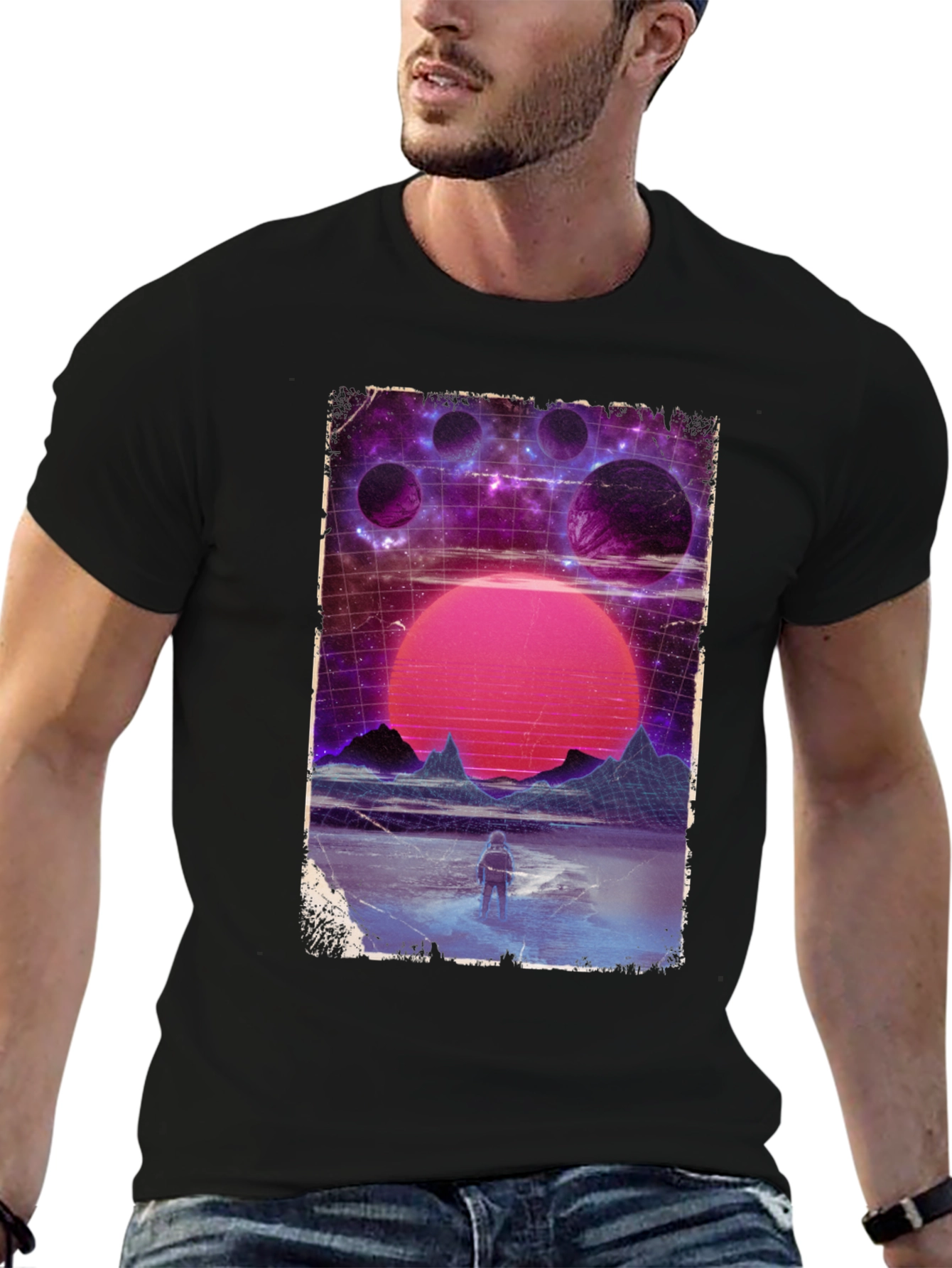 Retro Space Print Black T-Shirt