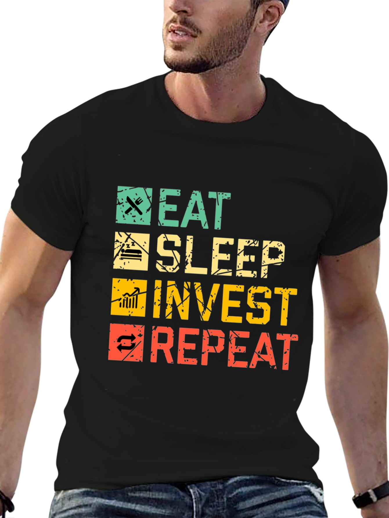 Eat Sleep Invest Repeat Black Graphic Tee