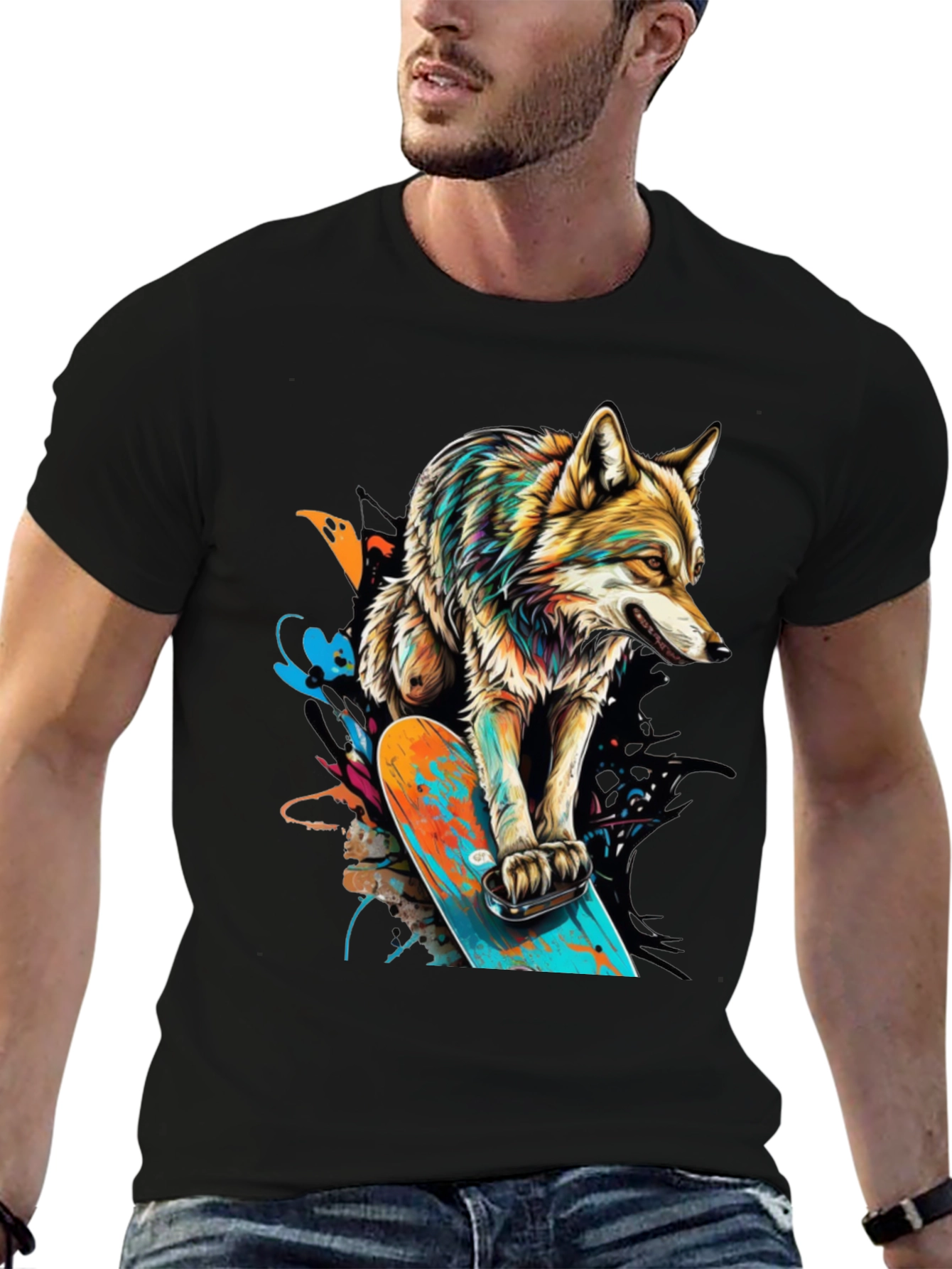 Wolf on Skateboard Graphic T-Shirt