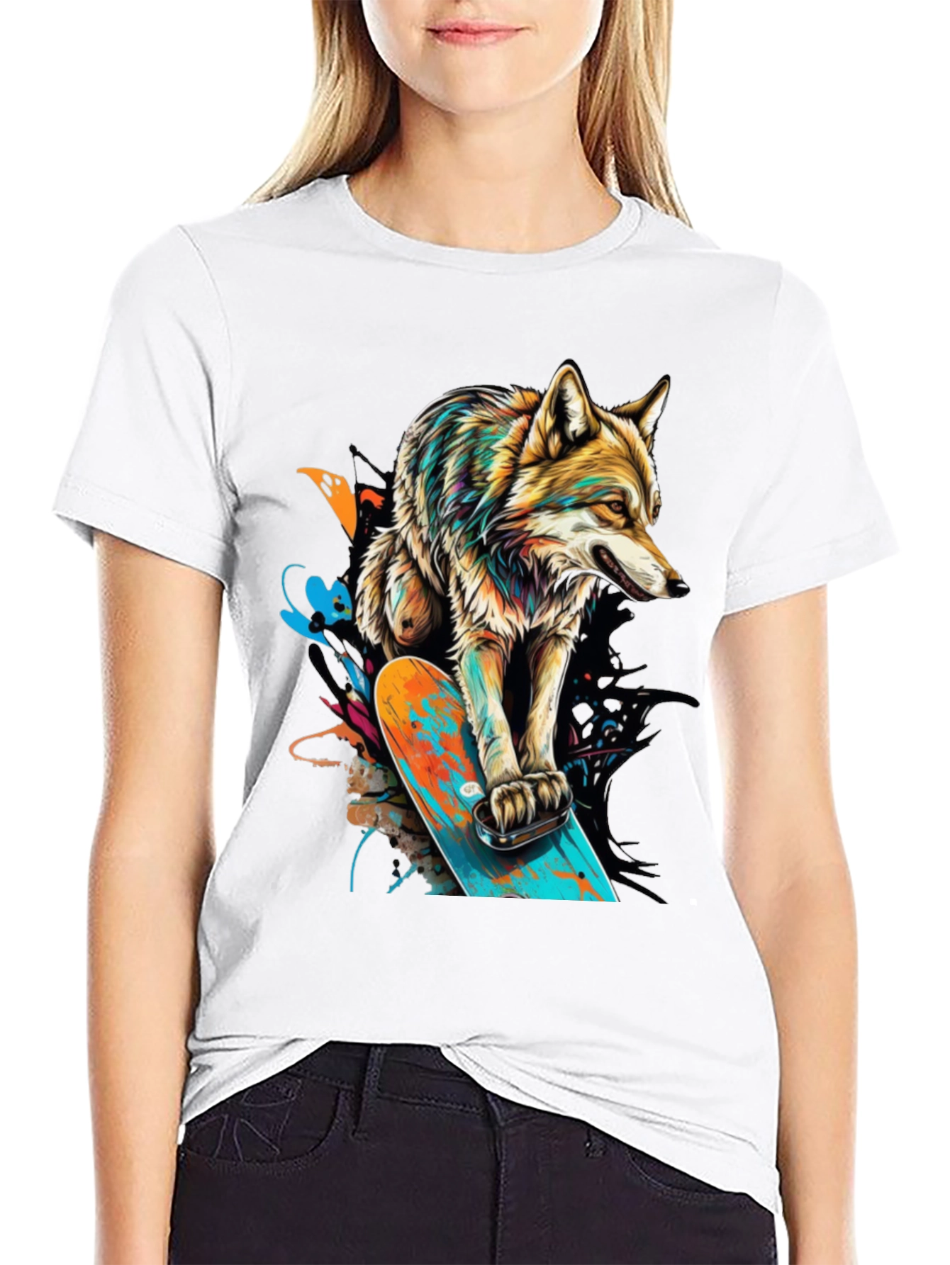 Wolf on Skateboard Graphic T-Shirt