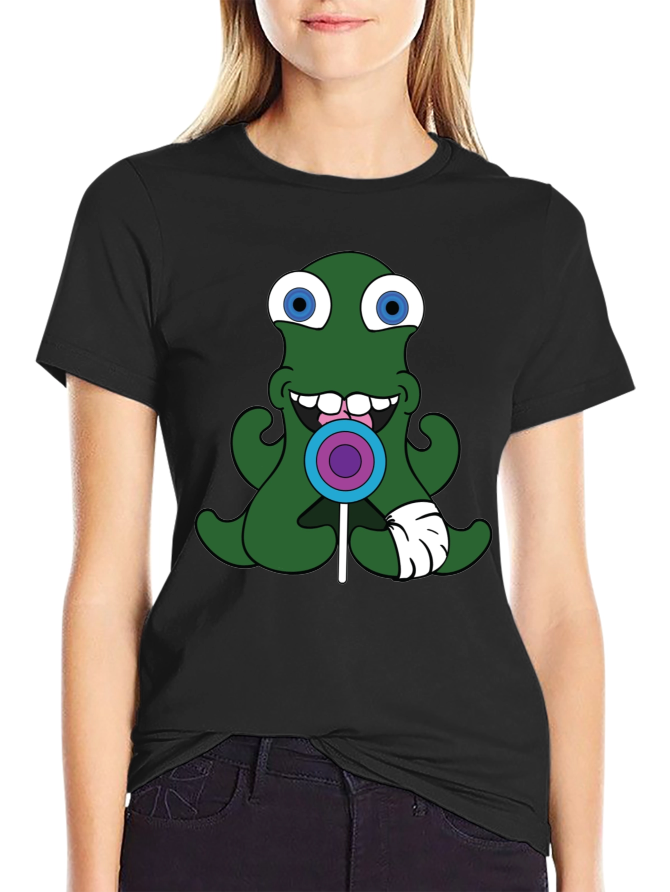 Green Alien Lollipop Graphic Tee - Black