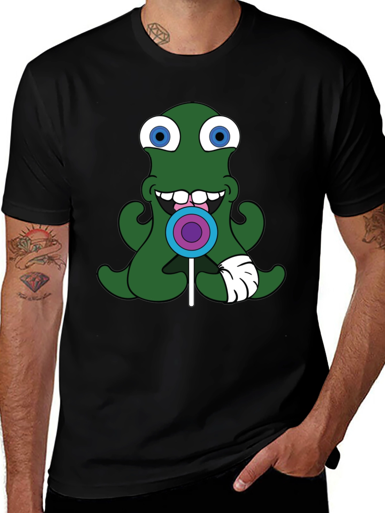 Green Alien Lollipop Graphic Tee - Black
