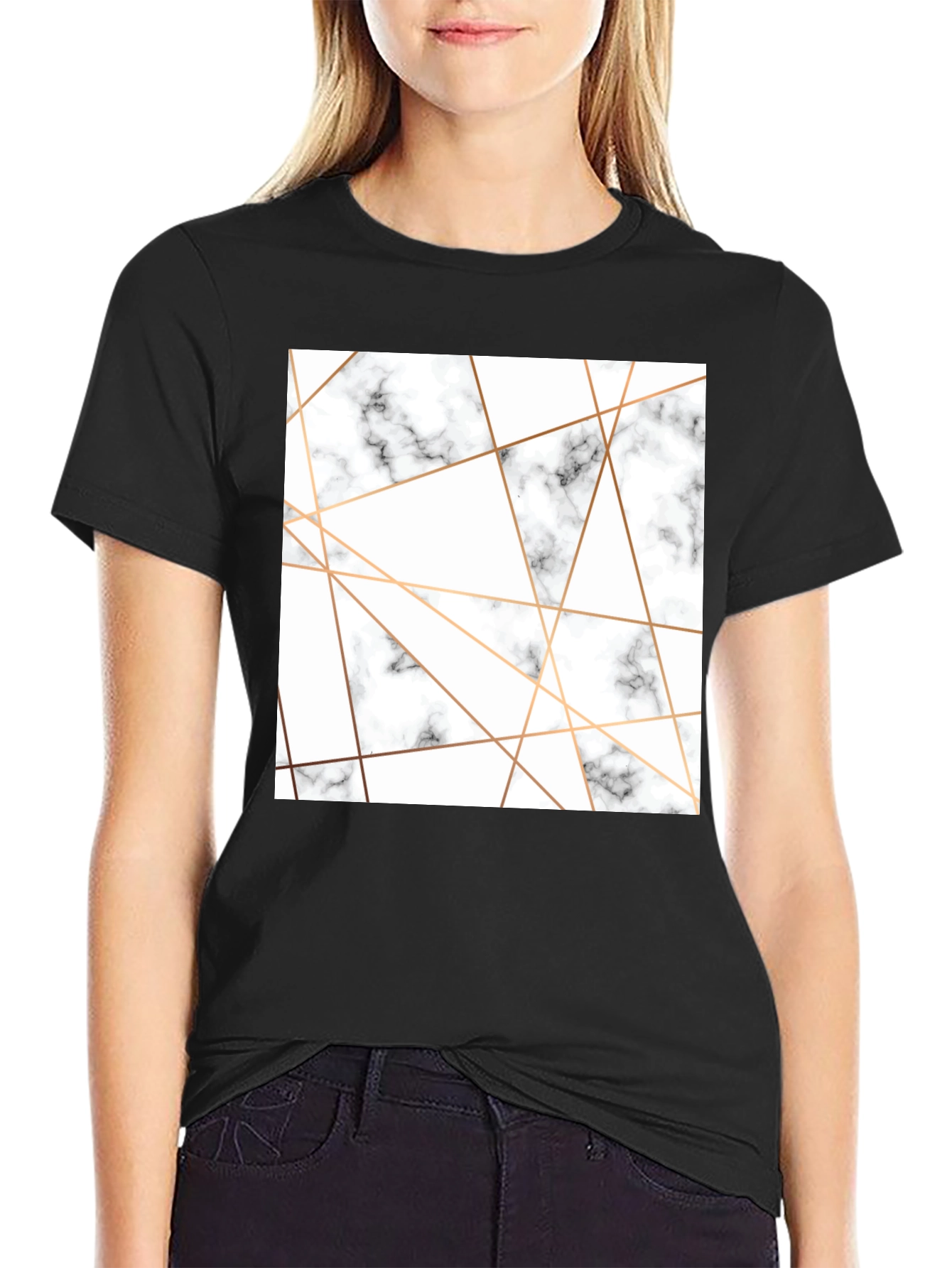 Modern Marble Geometric Print Black T-Shirt