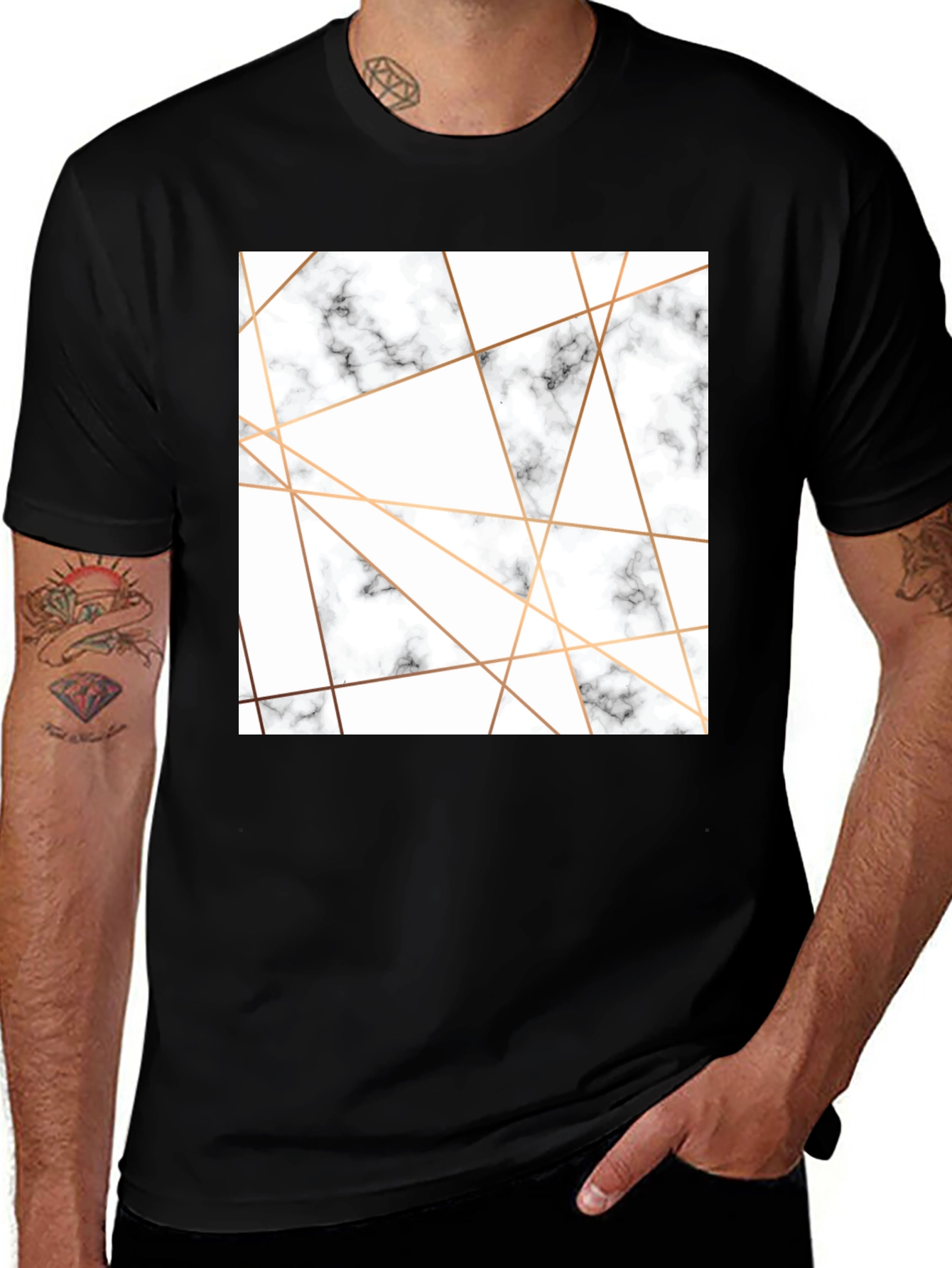Modern Marble Geometric Print Black T-Shirt