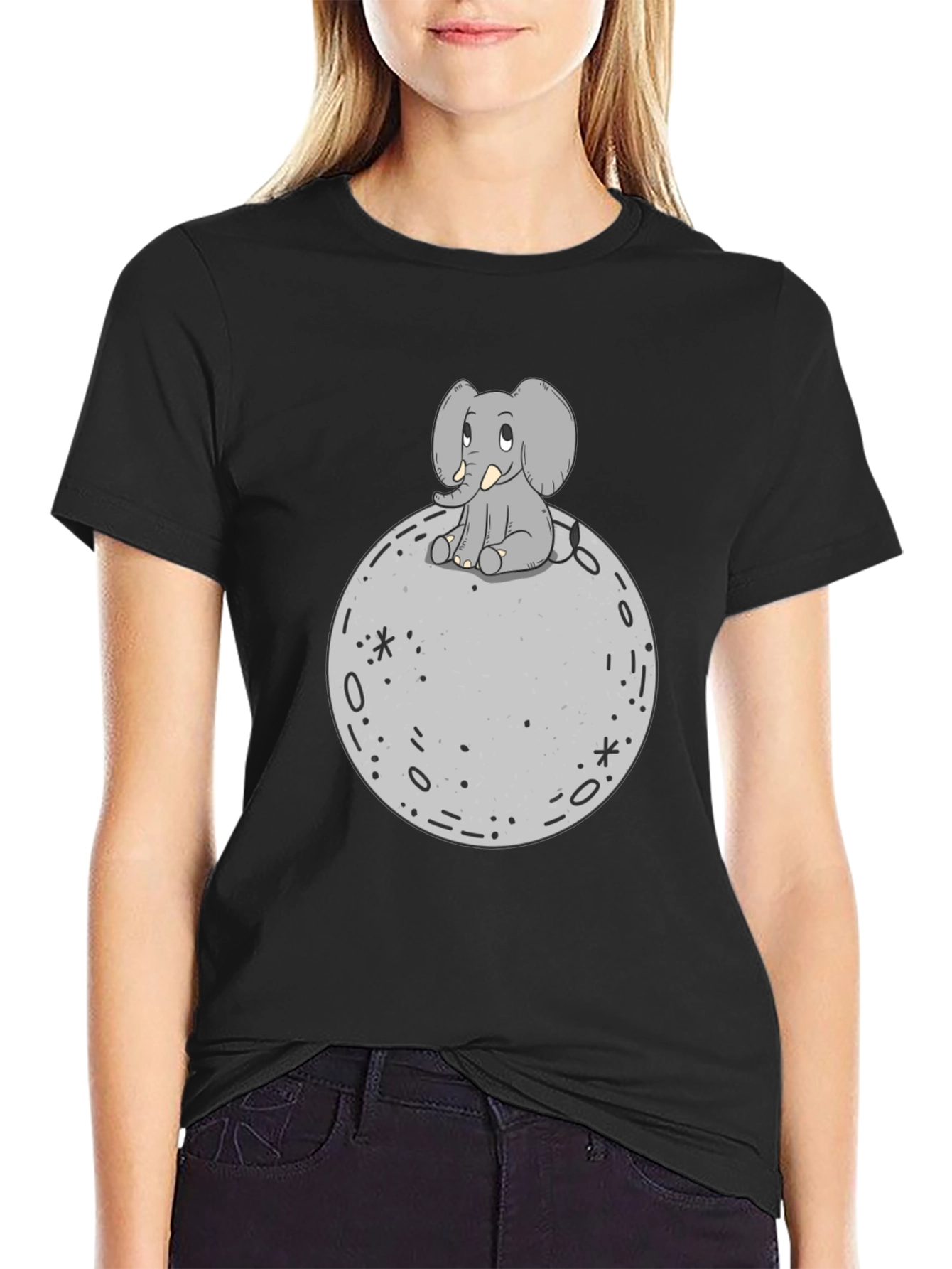Elephant on Moon Graphic T-Shirt - Black