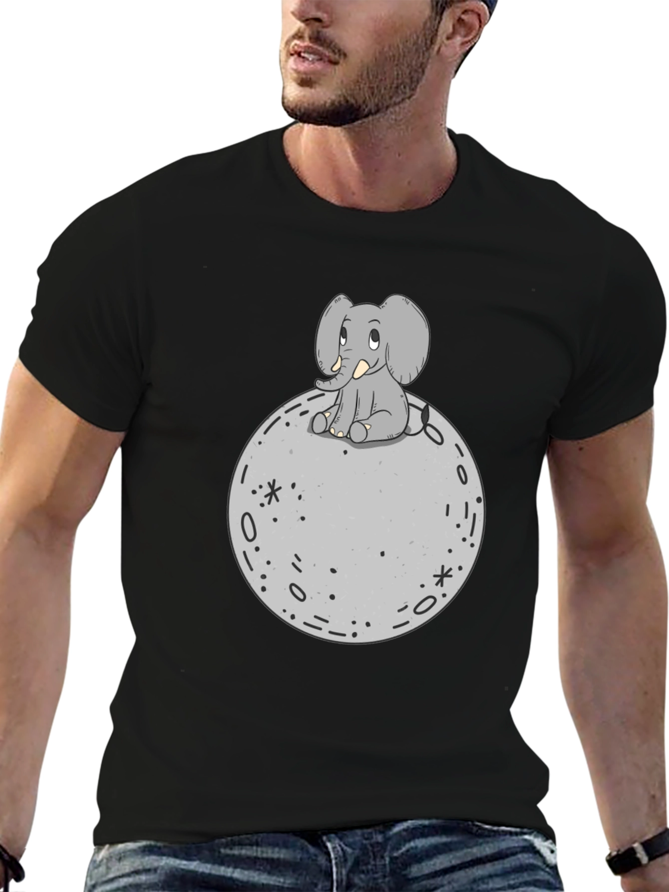 Elephant on Moon Graphic T-Shirt - Black