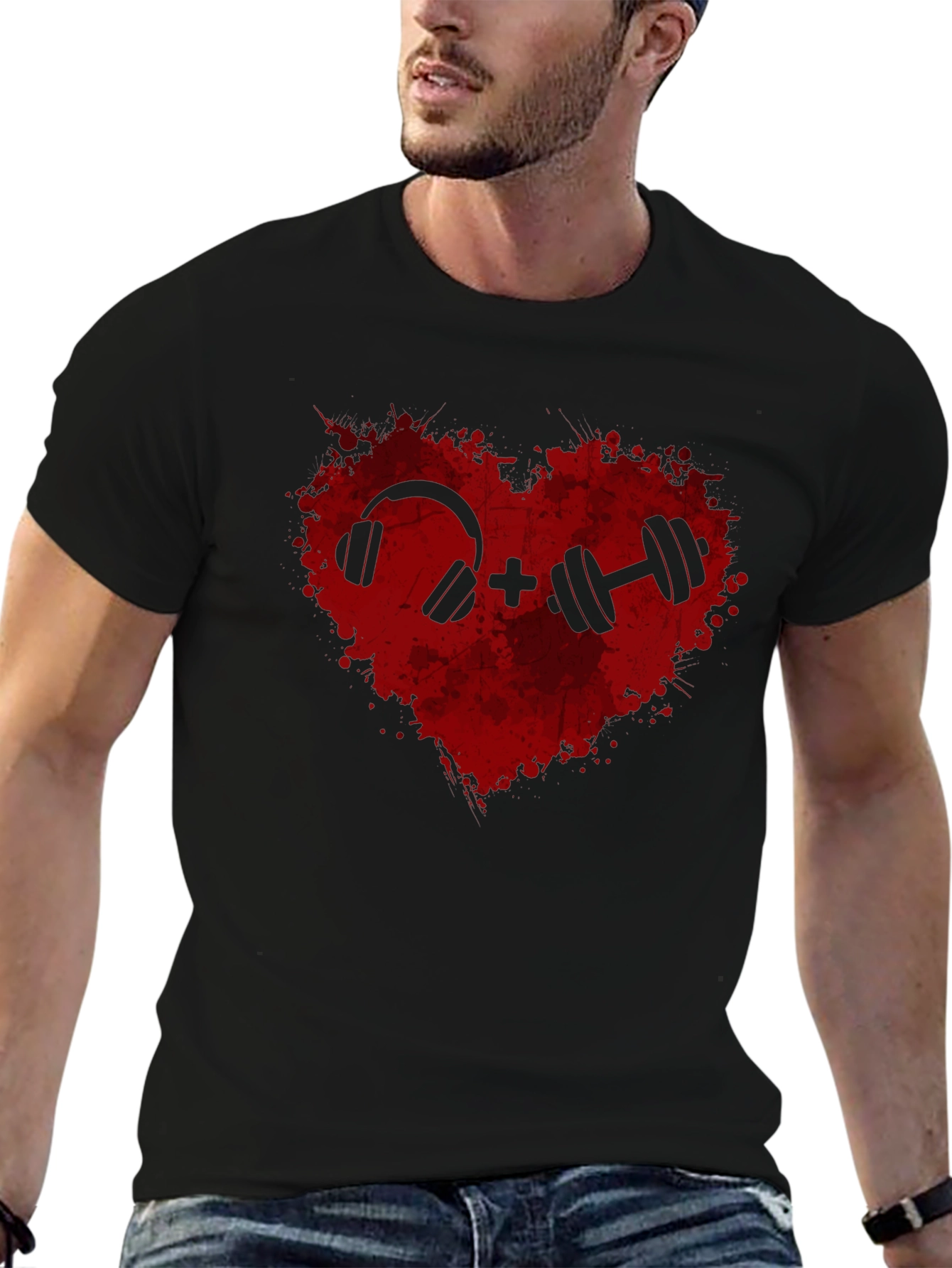 Workout Heart Tee: Music and Weights Graphic T-Shirt
