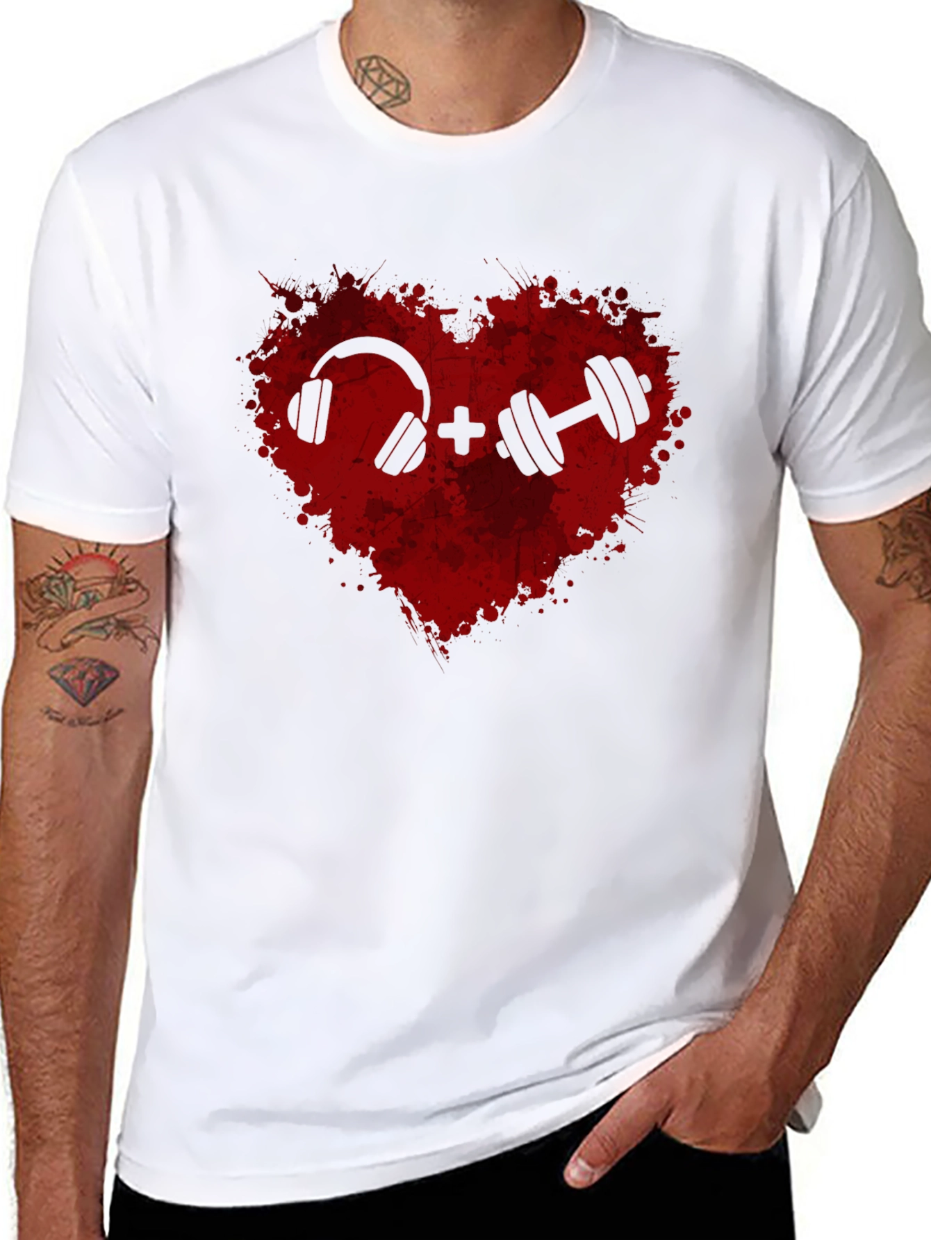 Workout Heart Tee: Music and Weights Graphic T-Shirt