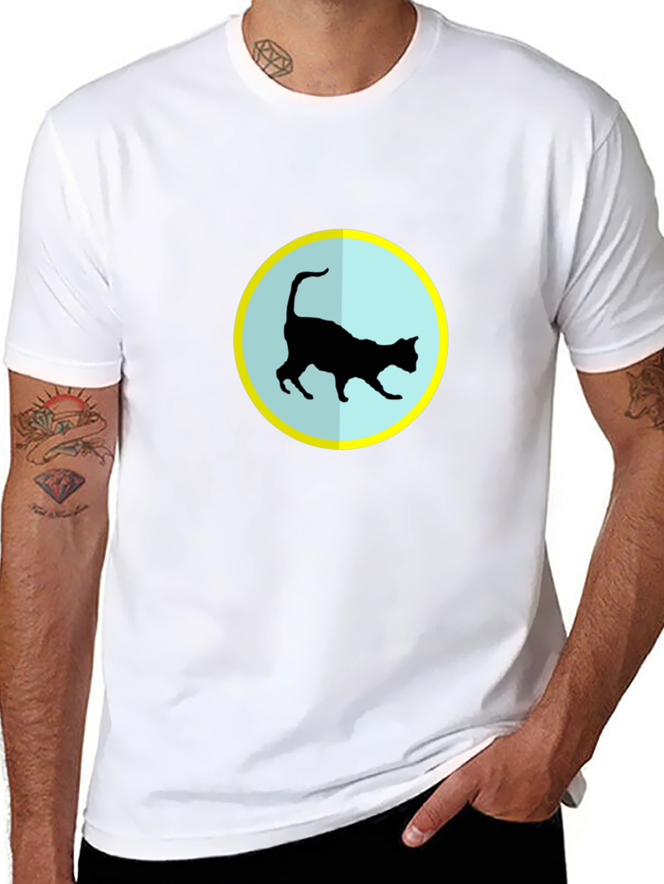 Cat Silhouette T-Shirt - Black Crew Neck Tee
