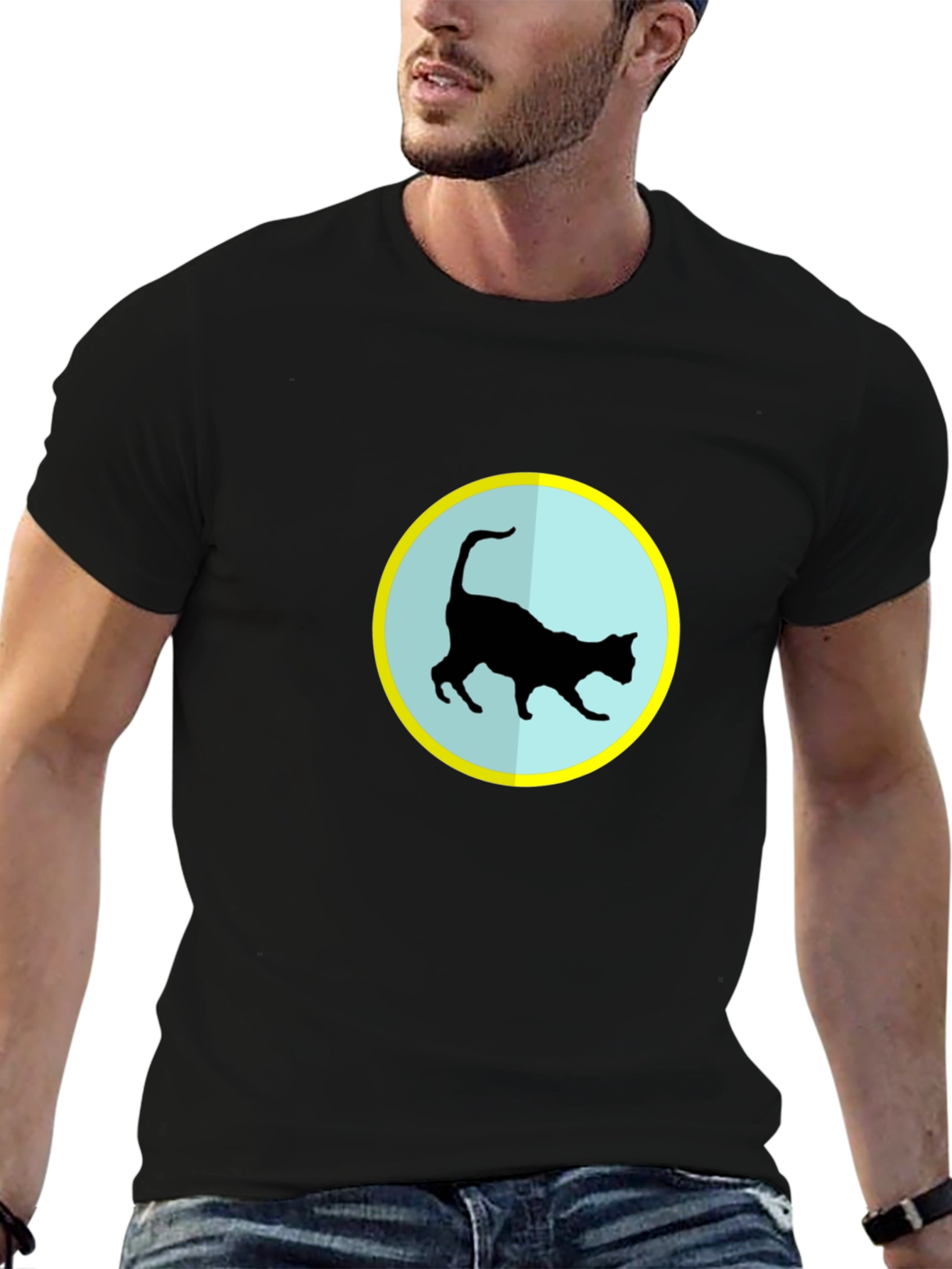 Cat Silhouette T-Shirt - Black Crew Neck Tee