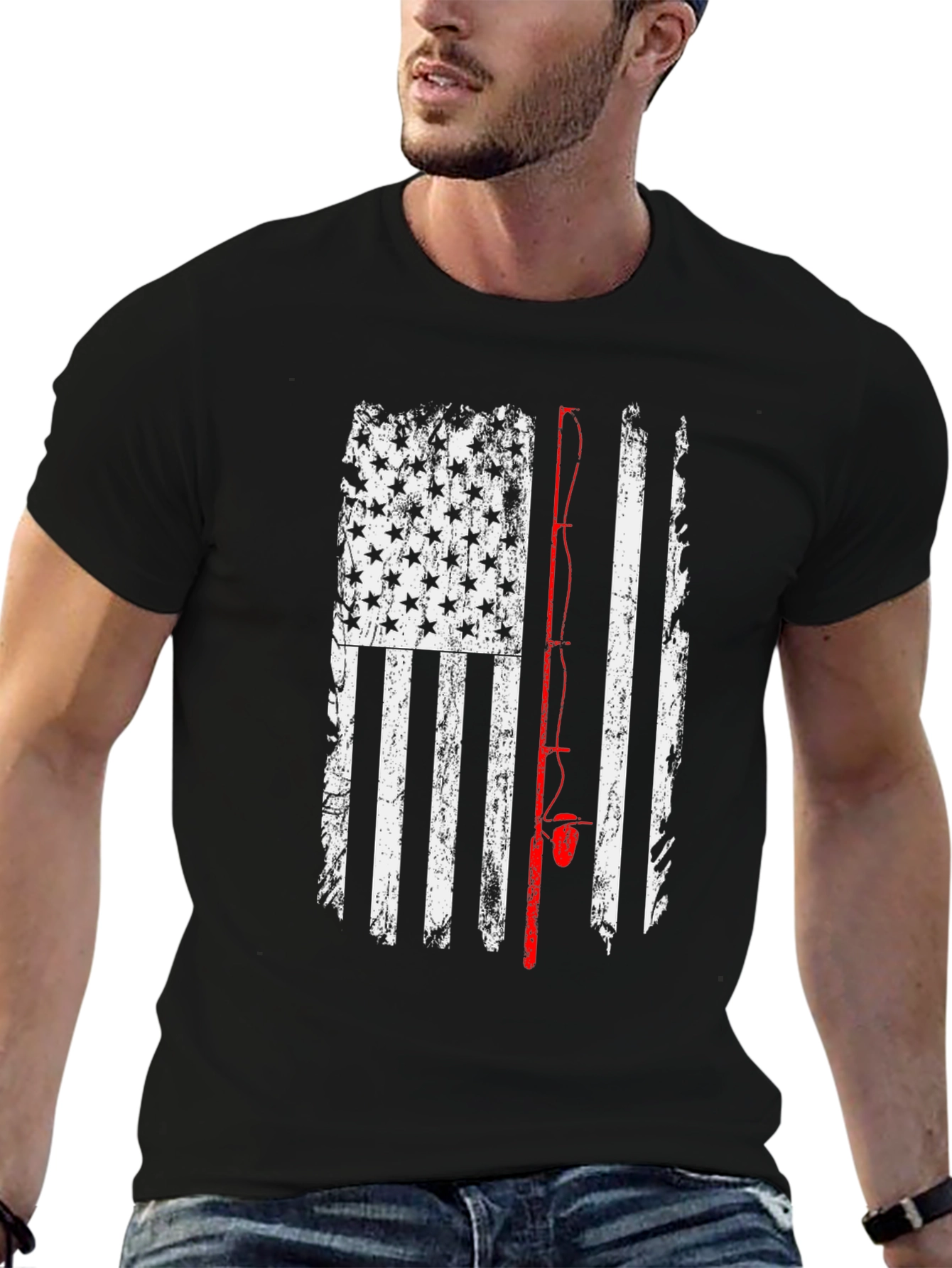 American Flag Fishing Rod T-Shirt - Patriotic Angler Tee
