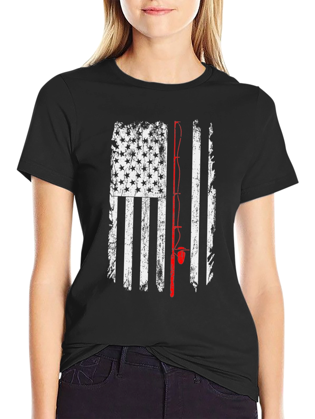 American Flag Fishing Rod T-Shirt - Patriotic Angler Tee