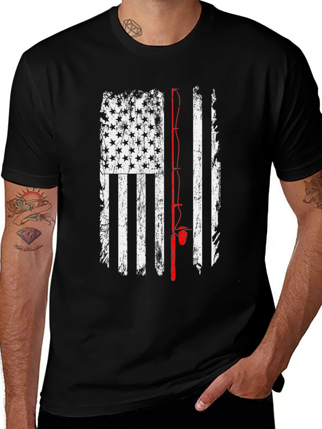 American Flag Fishing Rod T-Shirt - Patriotic Angler Tee