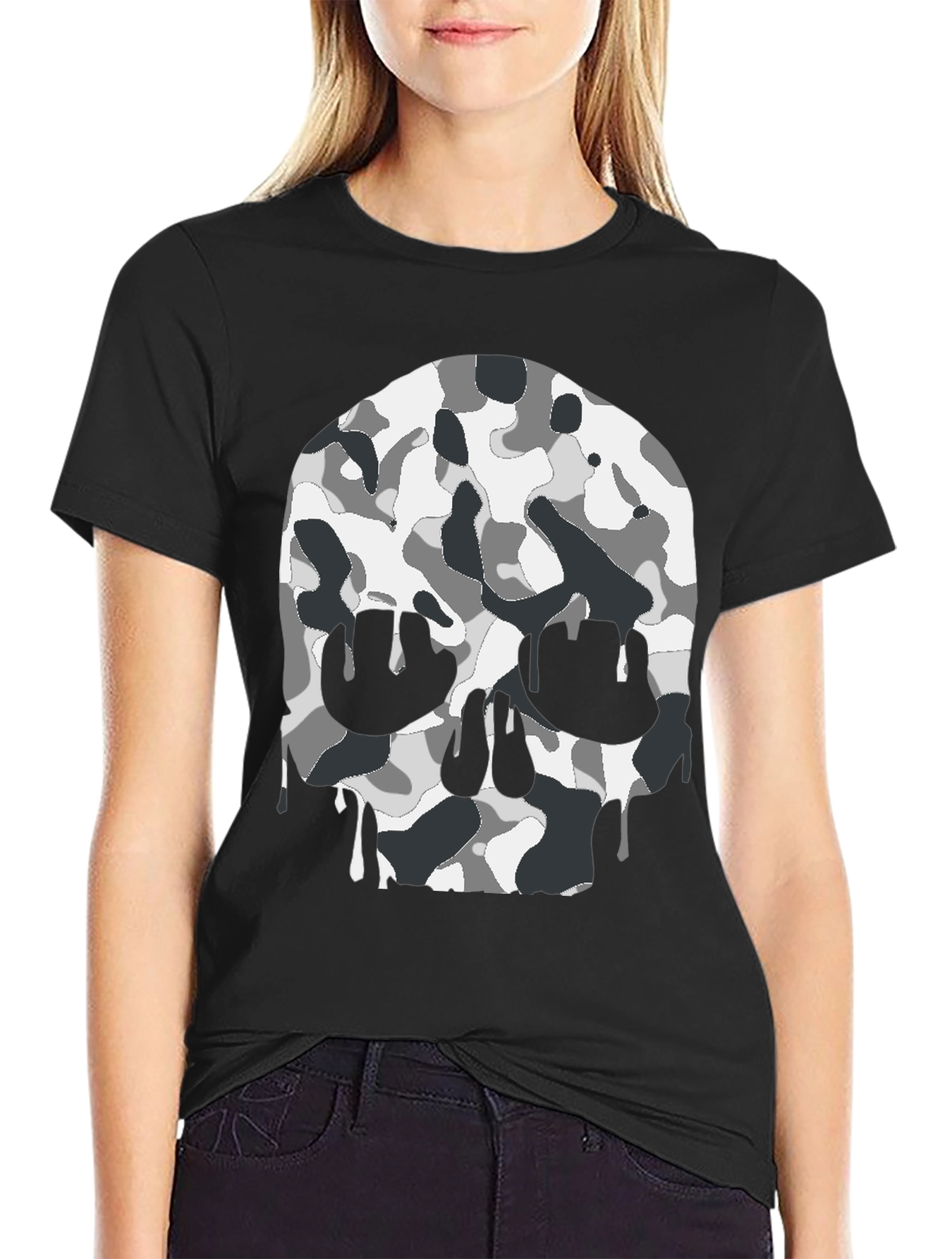 Mens Black T-Shirt with Camo Skull