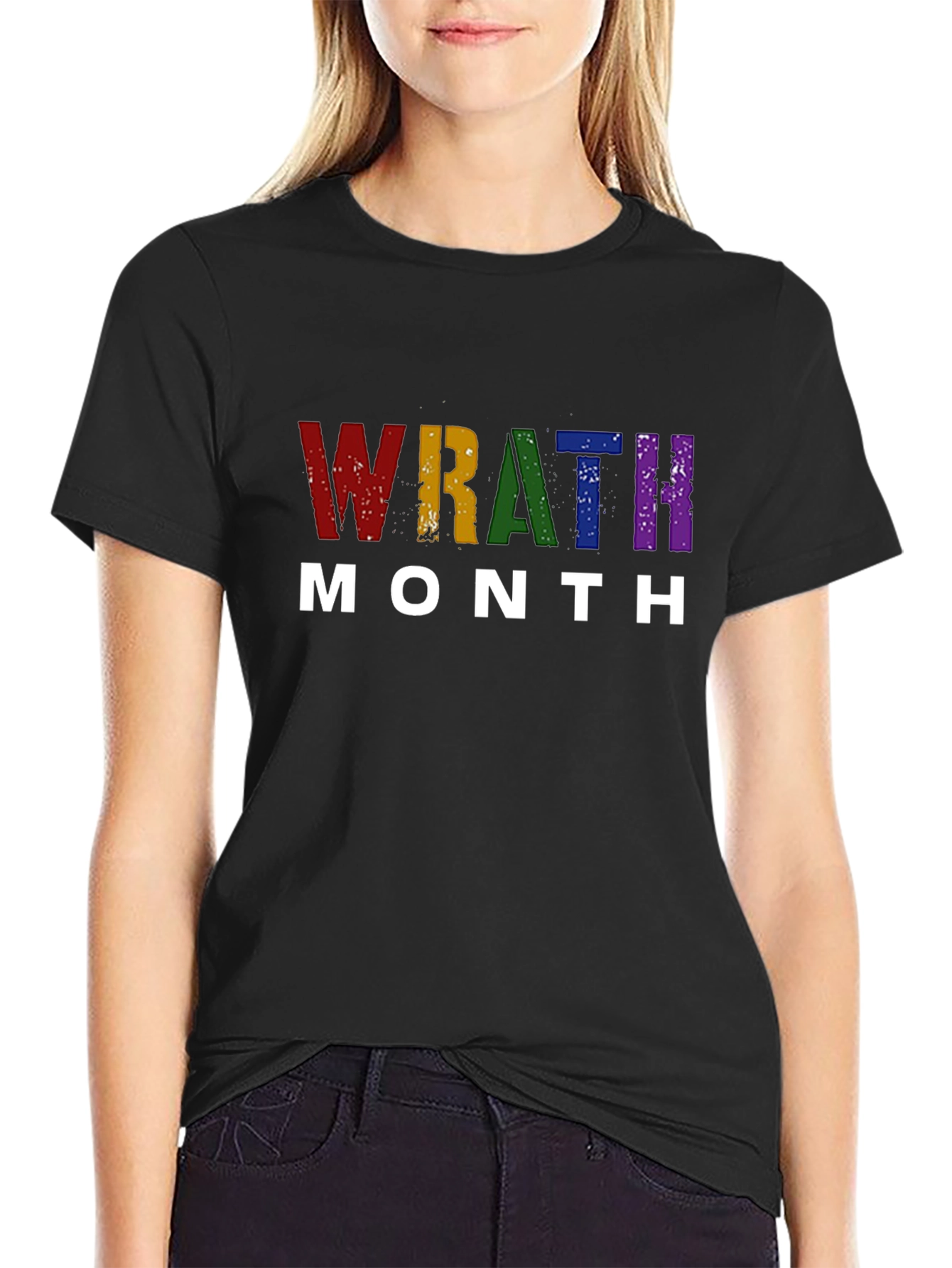 Wrath Month Rainbow Text Black T-Shirt