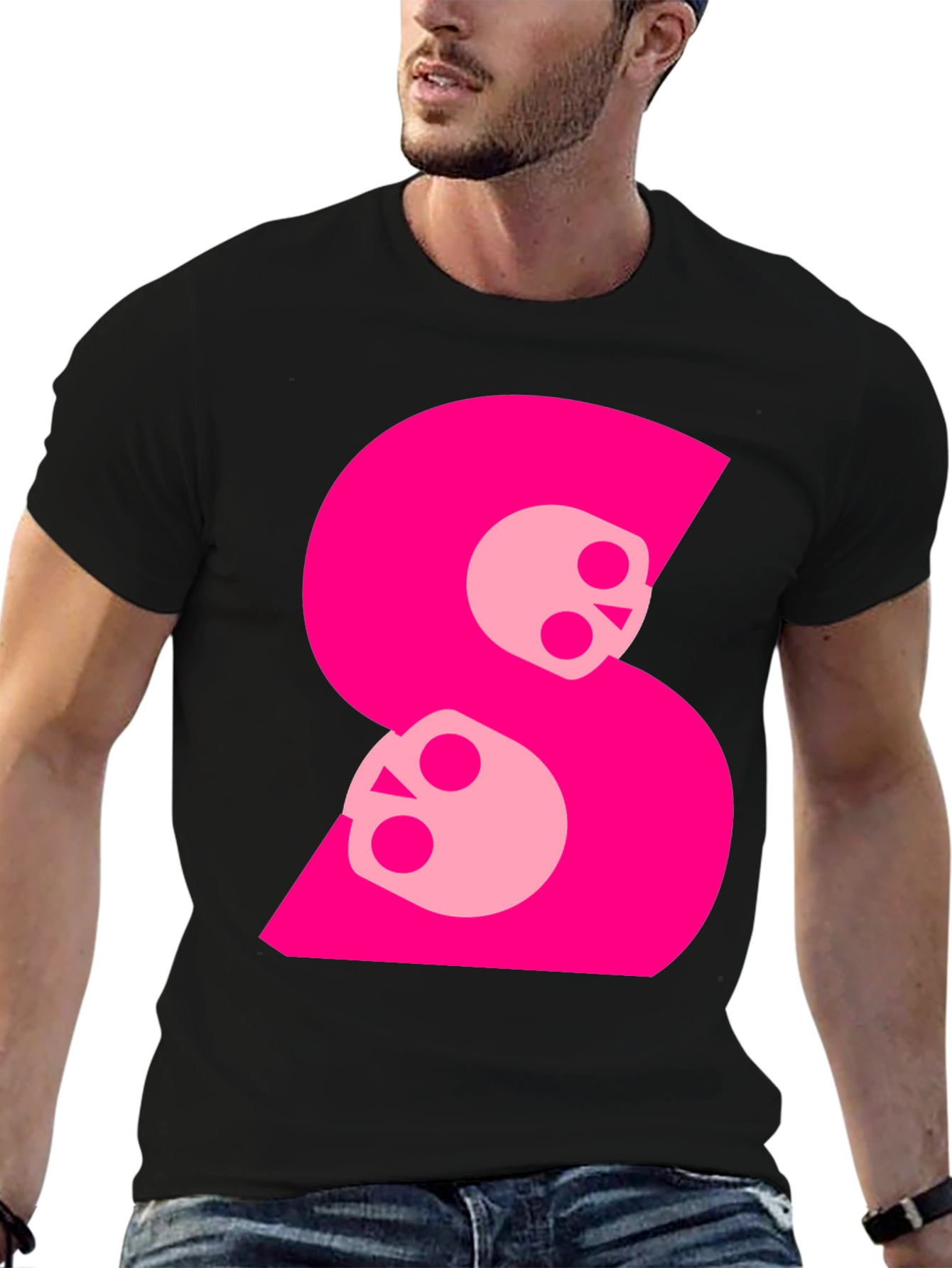 Skull S Graphic Tee - Bold Pink on Black