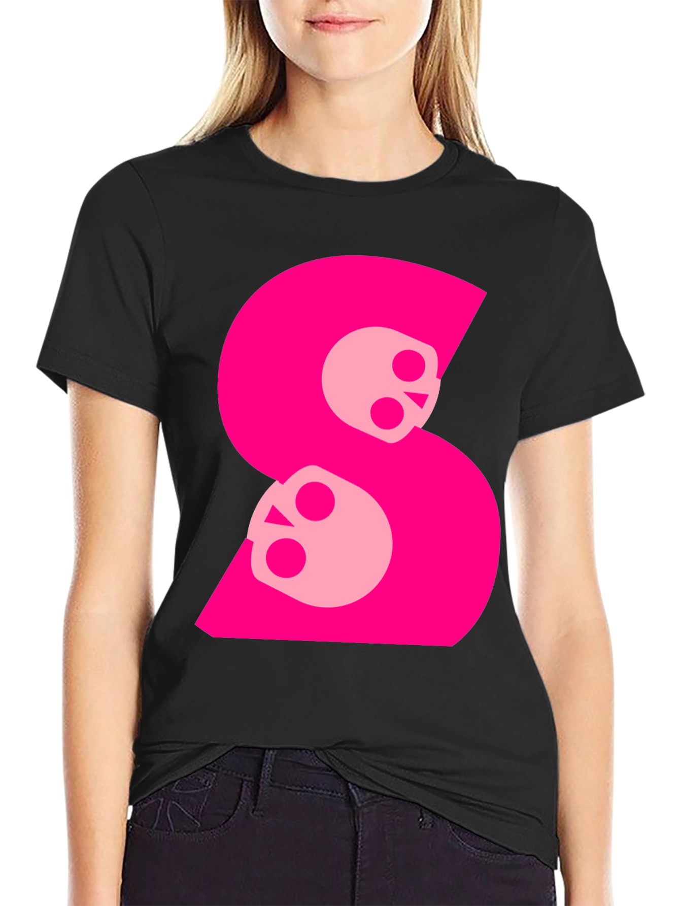 Skull S Graphic Tee - Bold Pink on Black