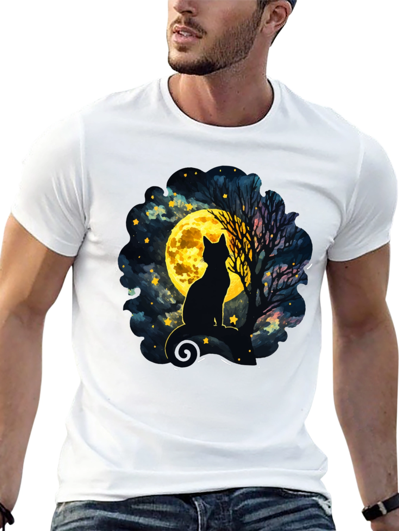 Moonlit Cat T-Shirt - Whimsical Night Sky Design