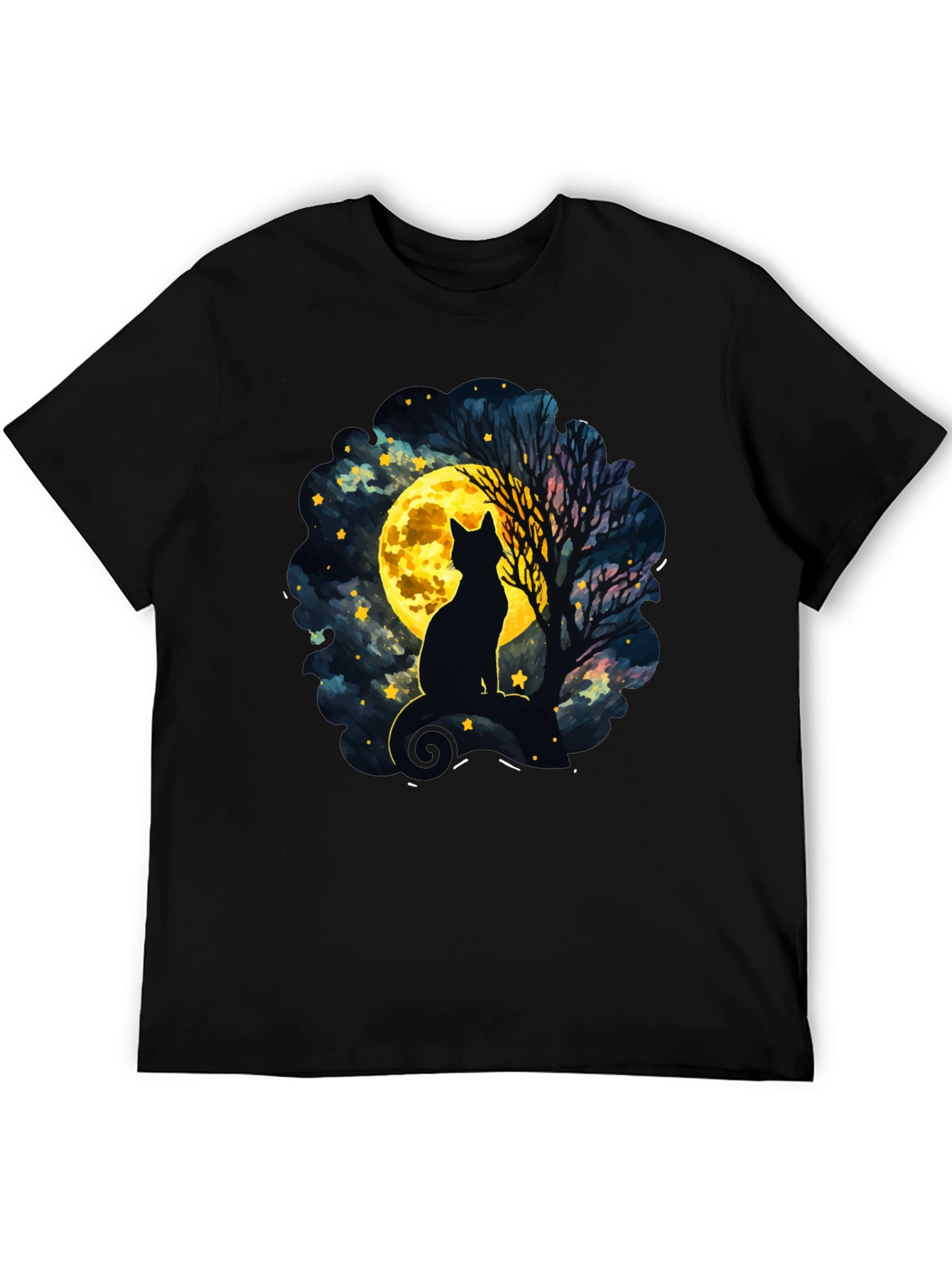 Moonlit Cat T-Shirt - Whimsical Night Sky Design