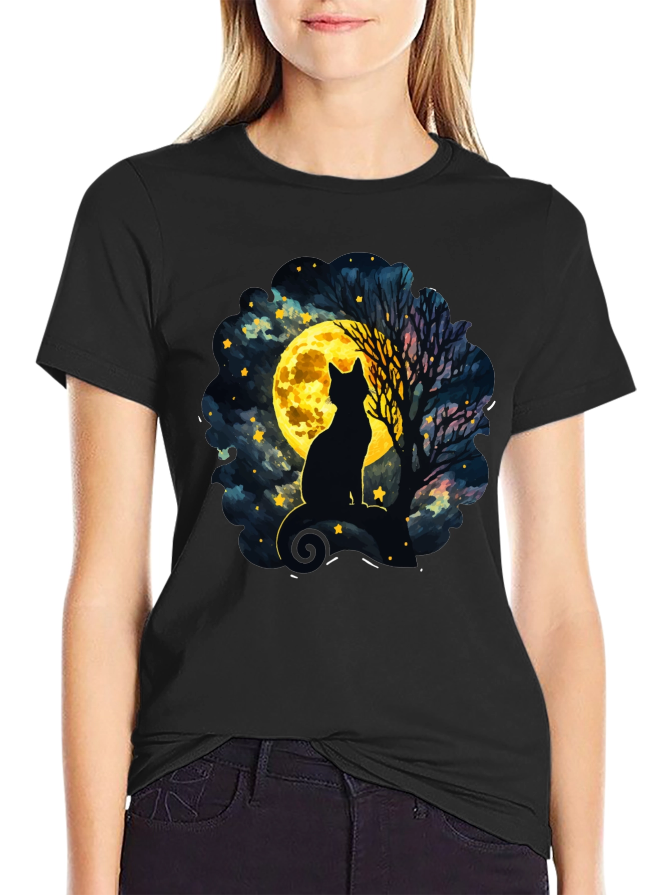 Moonlit Cat T-Shirt - Whimsical Night Sky Design