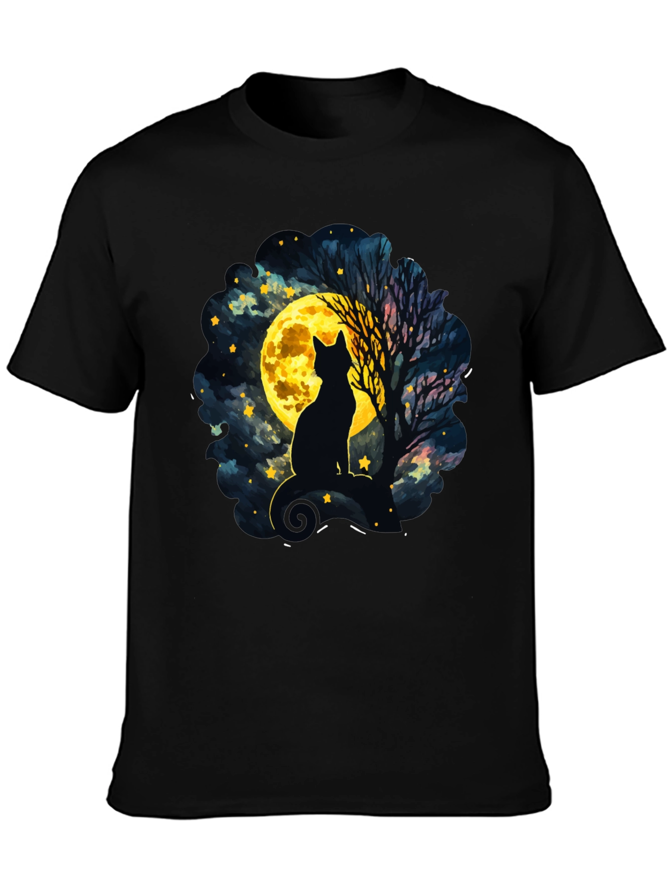 Moonlit Cat T-Shirt - Whimsical Night Sky Design
