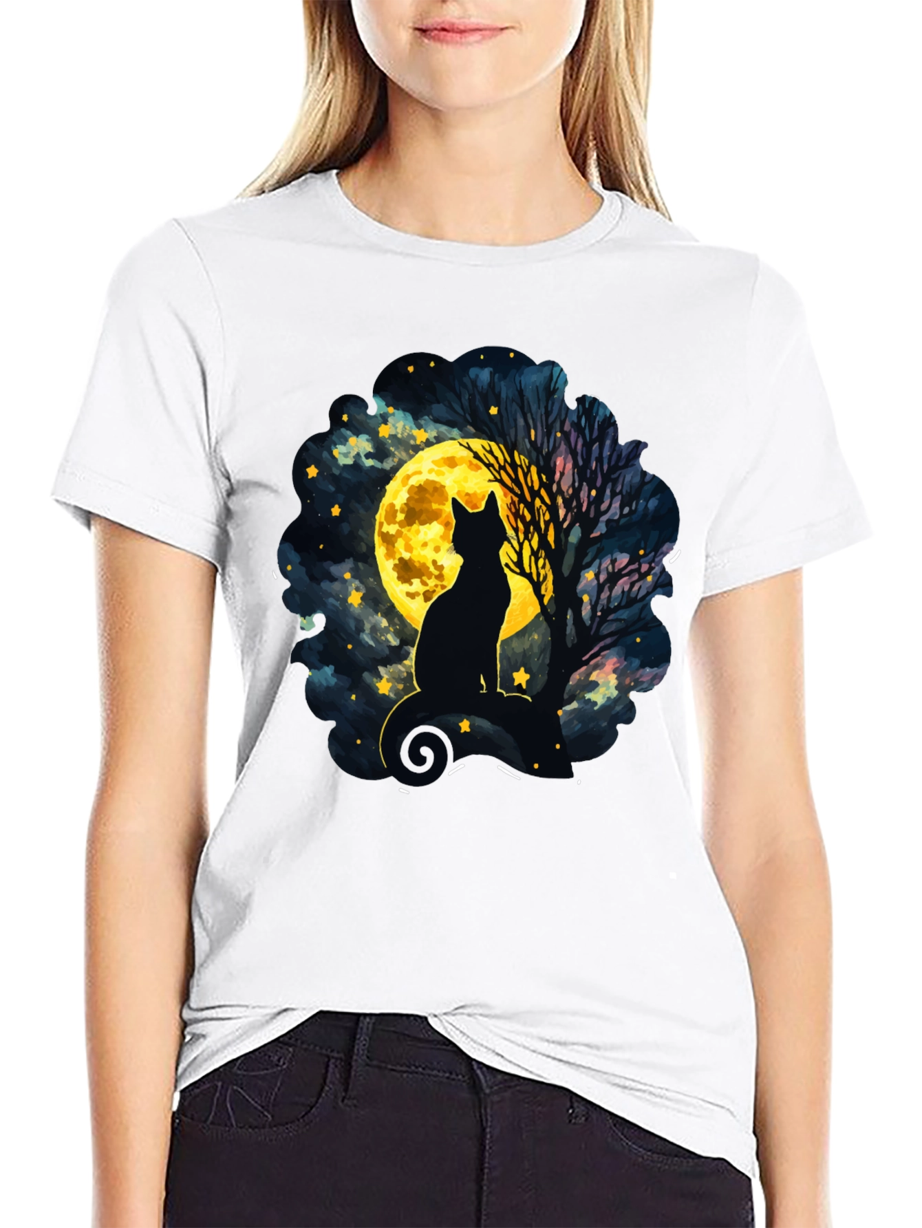 Moonlit Cat T-Shirt - Whimsical Night Sky Design