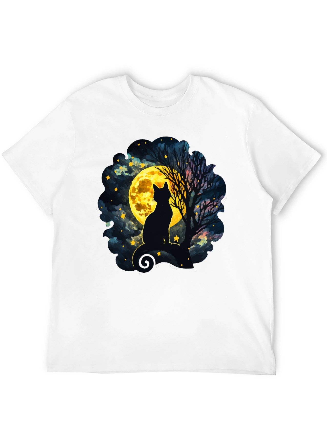 Moonlit Cat T-Shirt - Whimsical Night Sky Design