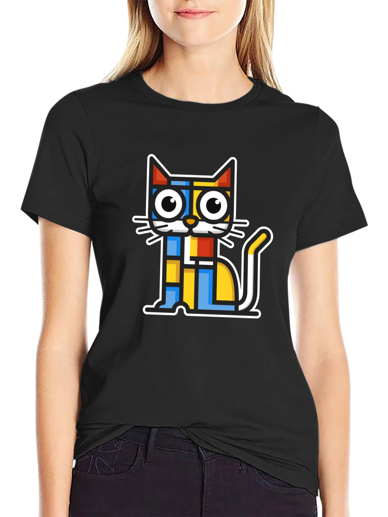 Modern Art Cat Graphic T-Shirt - Black