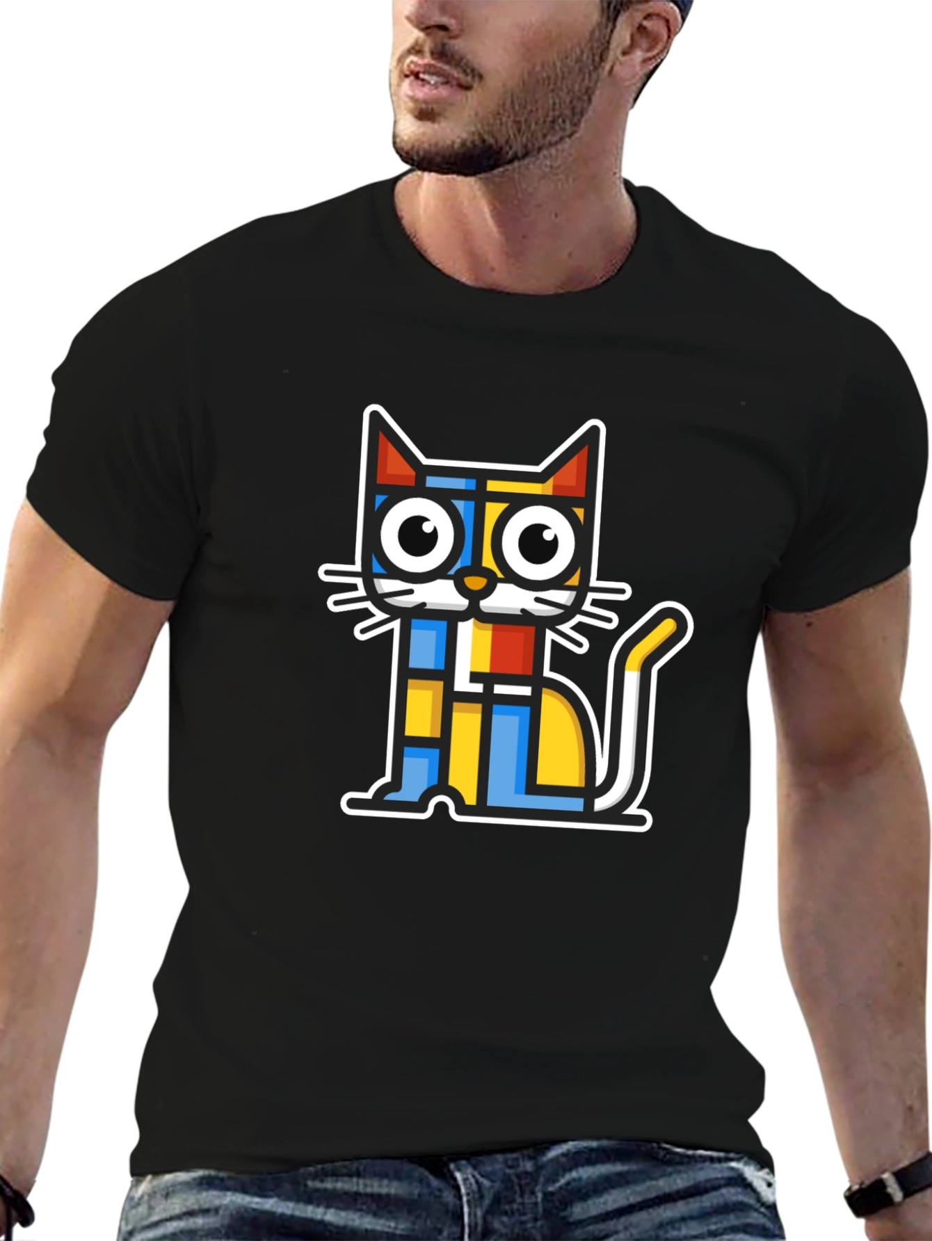 Modern Art Cat Graphic T-Shirt - Black