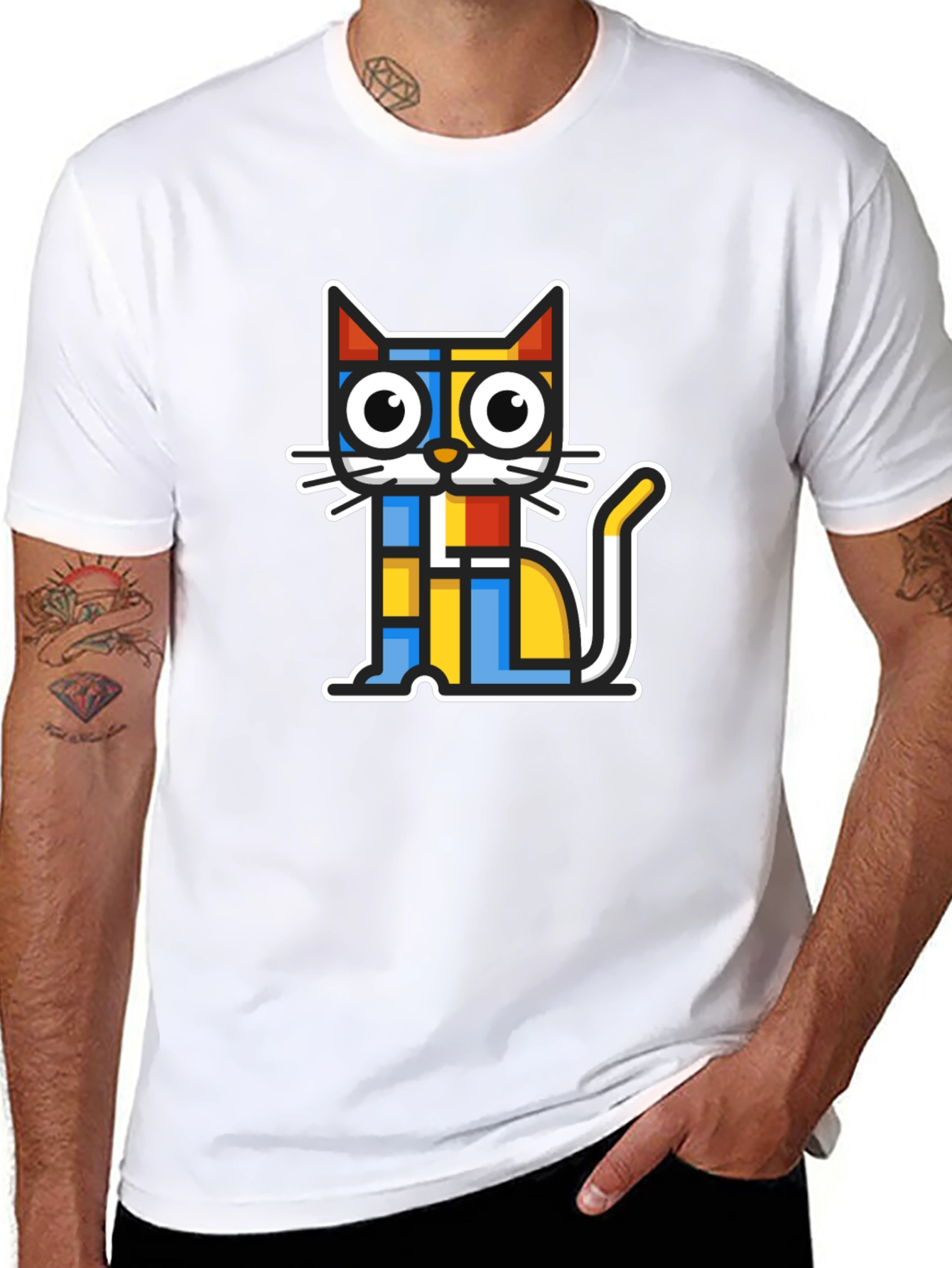 Modern Art Cat Graphic T-Shirt - Black
